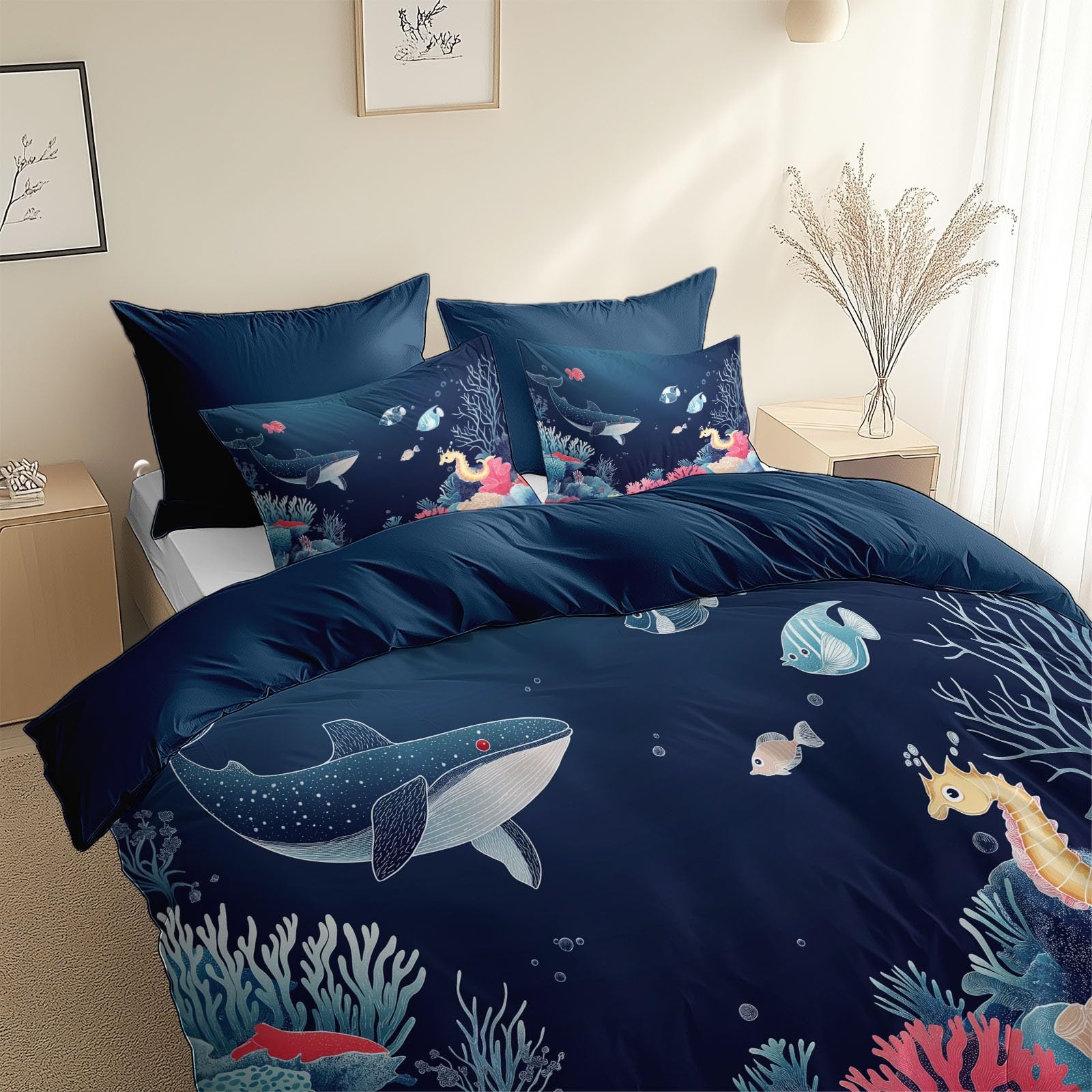 Housse de Couette Bleu 200x200 cm Animal Marin lit deux personnes en microfibre et coton doux