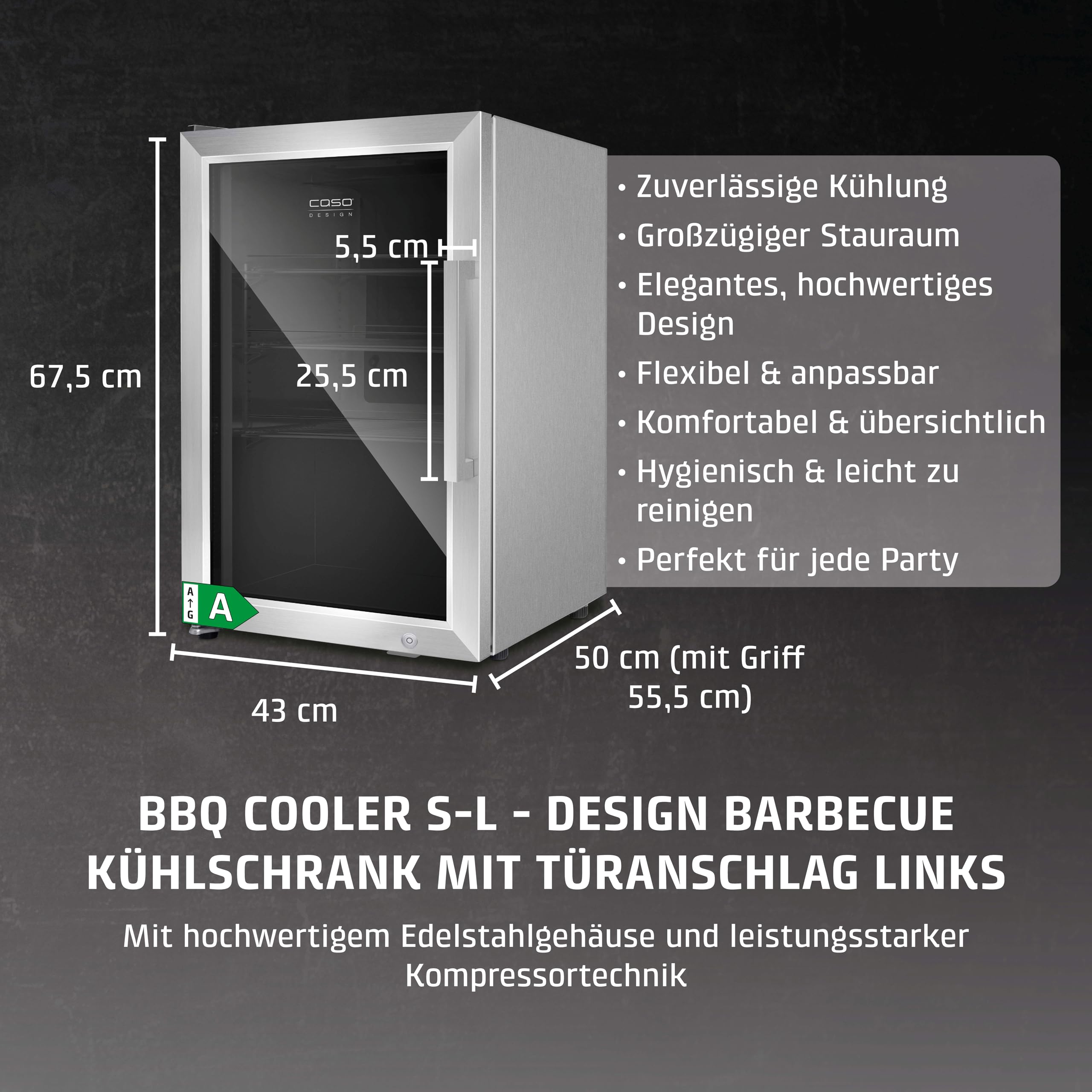 Caso BBQ Cooler S-L, Kühlschrank 63L, Türanschlag links, Temperatur -1-10°C, für Innen- und Außenbereich geeignet, IPX4/Spritzwasserschutz, Einbau geeignet, UV Sicherheistglas, abschließbar