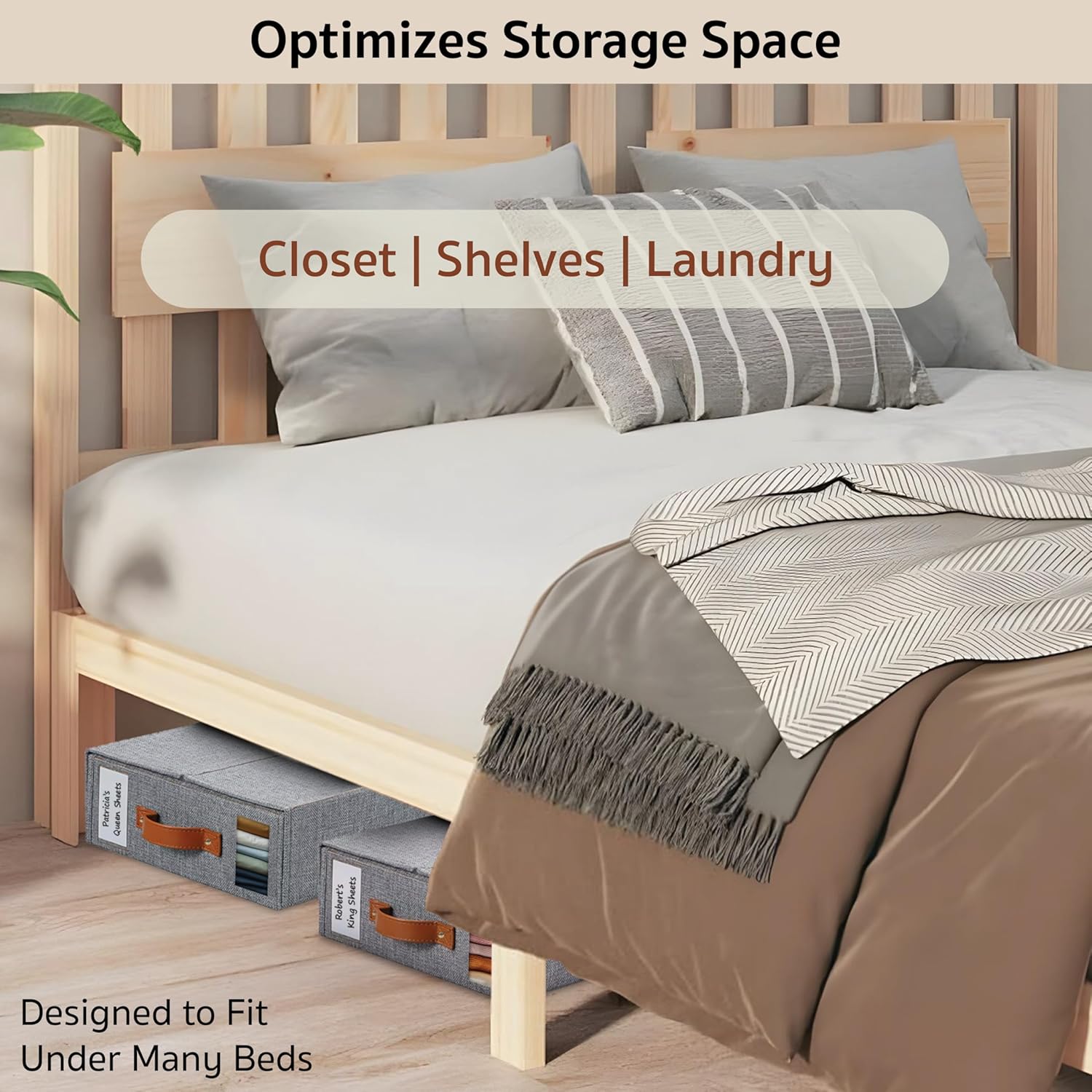 2-Pack Set Bed Sheet Organizer – Premium Linen Storage with PU Leather Handles & Dual Labels | Fits King/Queen Sheets | Closet, Underbed & Shelf Use | Closet Organizers and Storage (Gray)