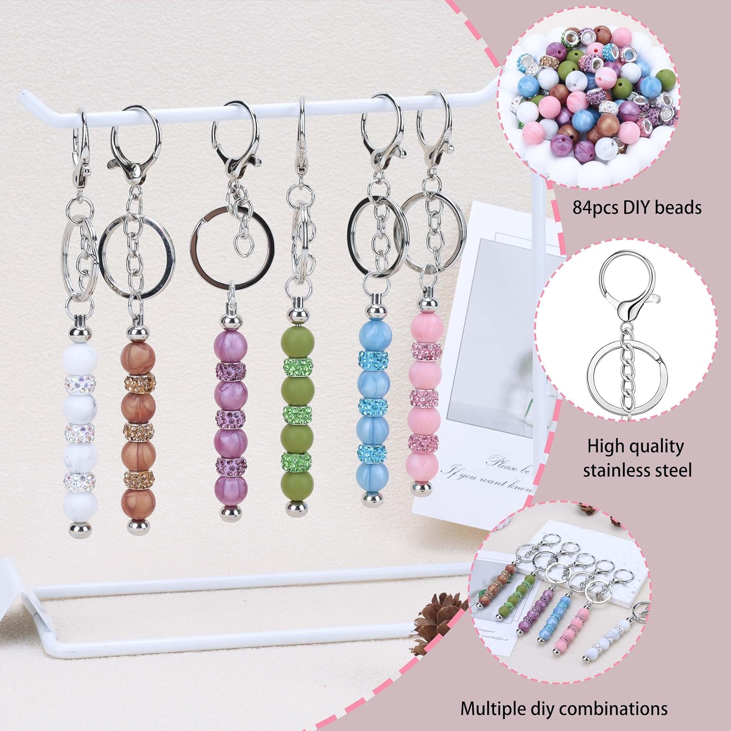 SUIMZESTI 109 Pcs Beadable Keychains Bars Set, Bulk Keychain Making Kit with Spacer Silicone Beads for Keychains Making Accessories for Womens DIY Crafts Gifts - Image 5