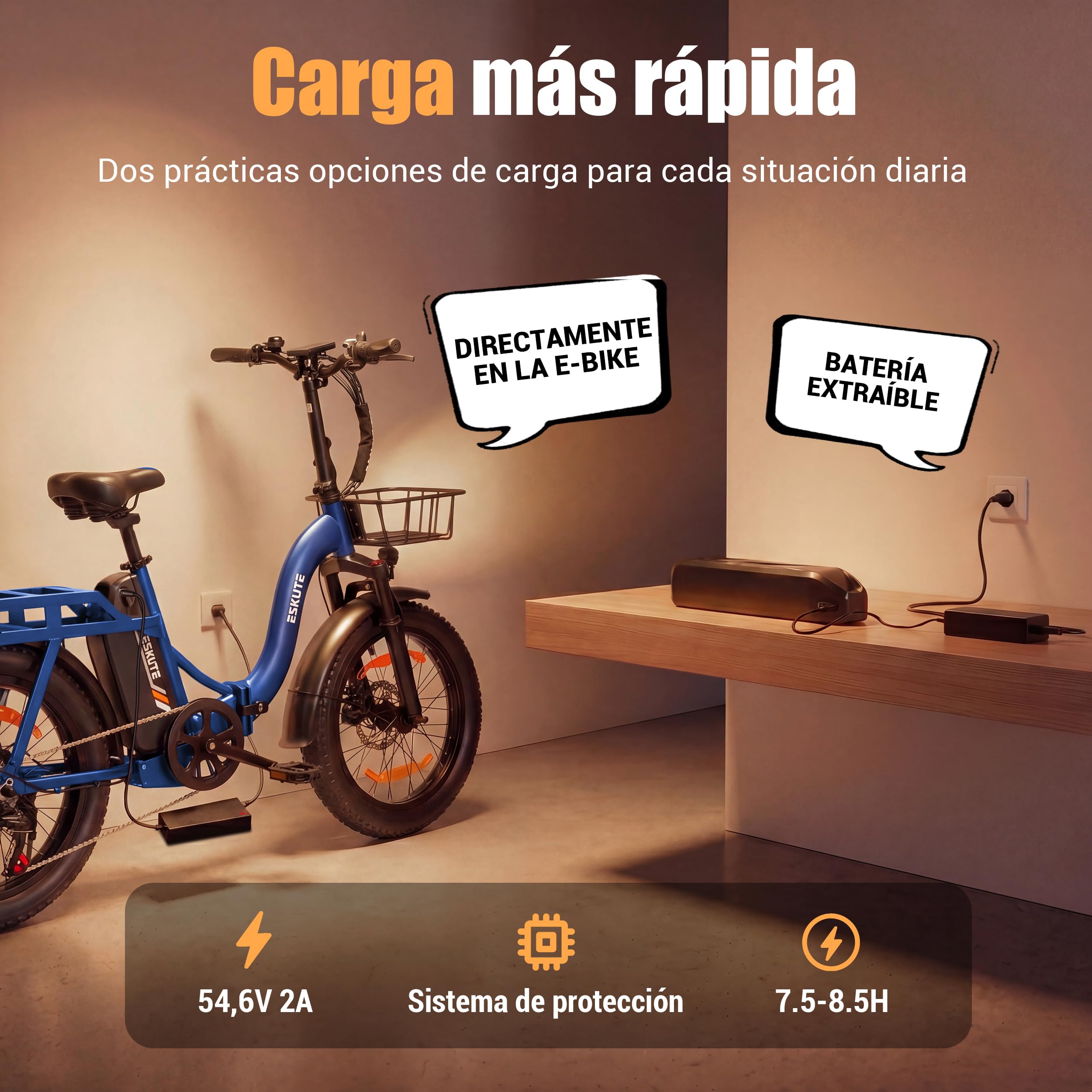 ESKUTE Bicicleta Eléctrica Plegable para Adultos D202 Pro, Fat Bike 20×4.0 con Cesta Delantera, Batería Extraíble 48V 20,8Ah, Motor 250W, hasta 100KM