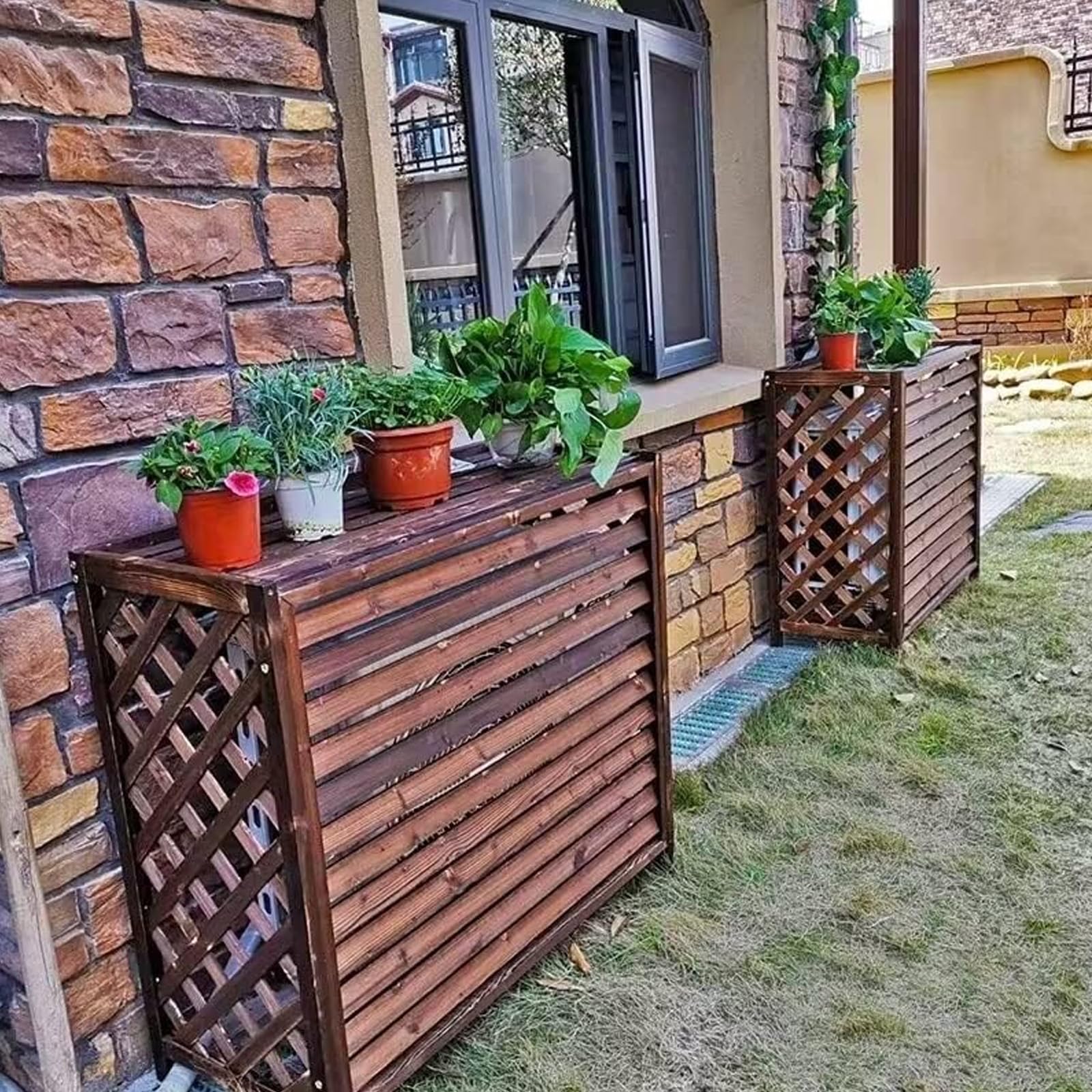 Klimaanlagen Zaun Bildschirm Massive Holzblumenregalläden Conditionierende Abdeckung Außeneinheit Massivholz Gitter dekorativ,L110 X W50 X H85cm