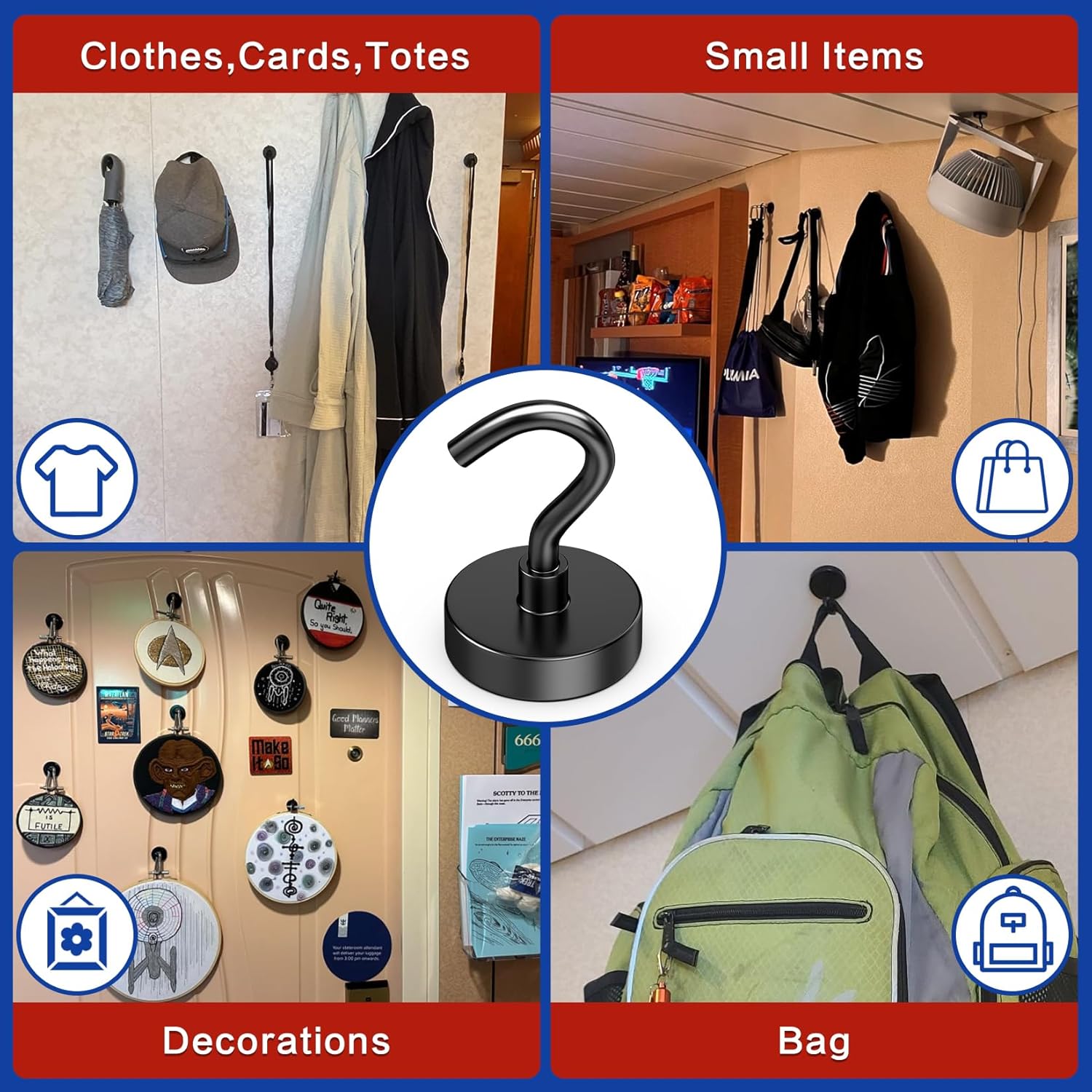 6Pack Strong Magnetic Hooks, 65lbs Magnet Hooks Heavy Duty, Black Magnetic Hooks for Cruise Cabins, Magnet with Hooks, Metal Magnetic Hook for Hanging, Refrigerator, Garage, Outdoor