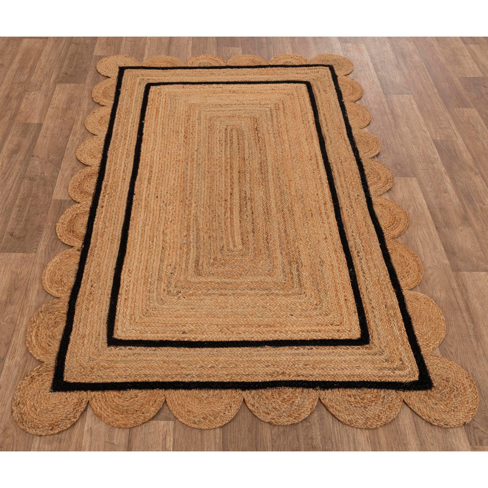 Tapis tressé festonné en jute naturelle style bohème pour salon, ferme, maison de ferme (naturel/noir, 2,3 x 2,9 m)