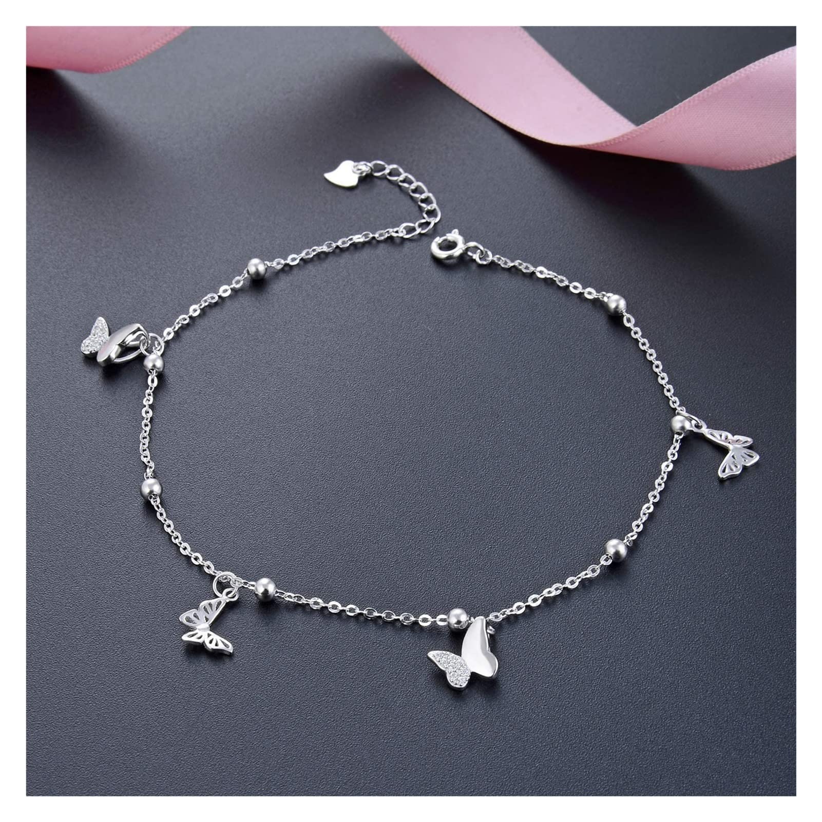 Tobillera ajustable de plata de ley 925 con diseño de mariposa, 25 cm, circonita cúbica 3A, tobillera ajustable