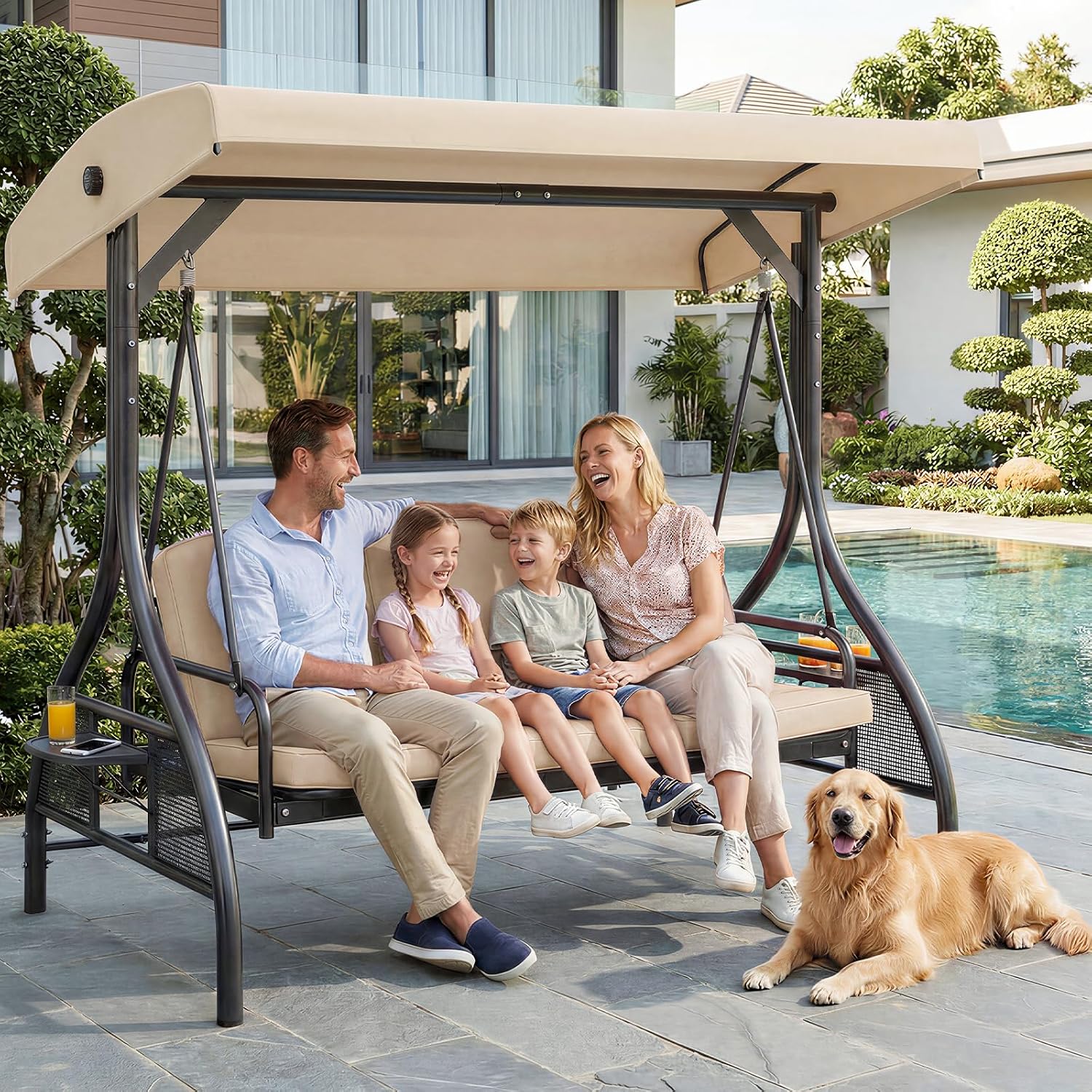 TLSUNNY 3 Seat Outdoor Porch Swing with Stand, Convertible Porch Swing Bed with Adjustable Canopy for Adults, Patio Swing Chair with Cup Holder & Thickened Cushions for Yard, Deck, 750LBS (Beige)
