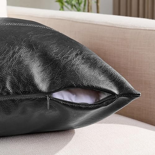 Miniatura 3 de Fancy Homi - Paquete de 2 fundas de almohada lumbares decorativas de cuero sintético negro de 12 x 24 pulgadas para sofá, cama, sala de estar,