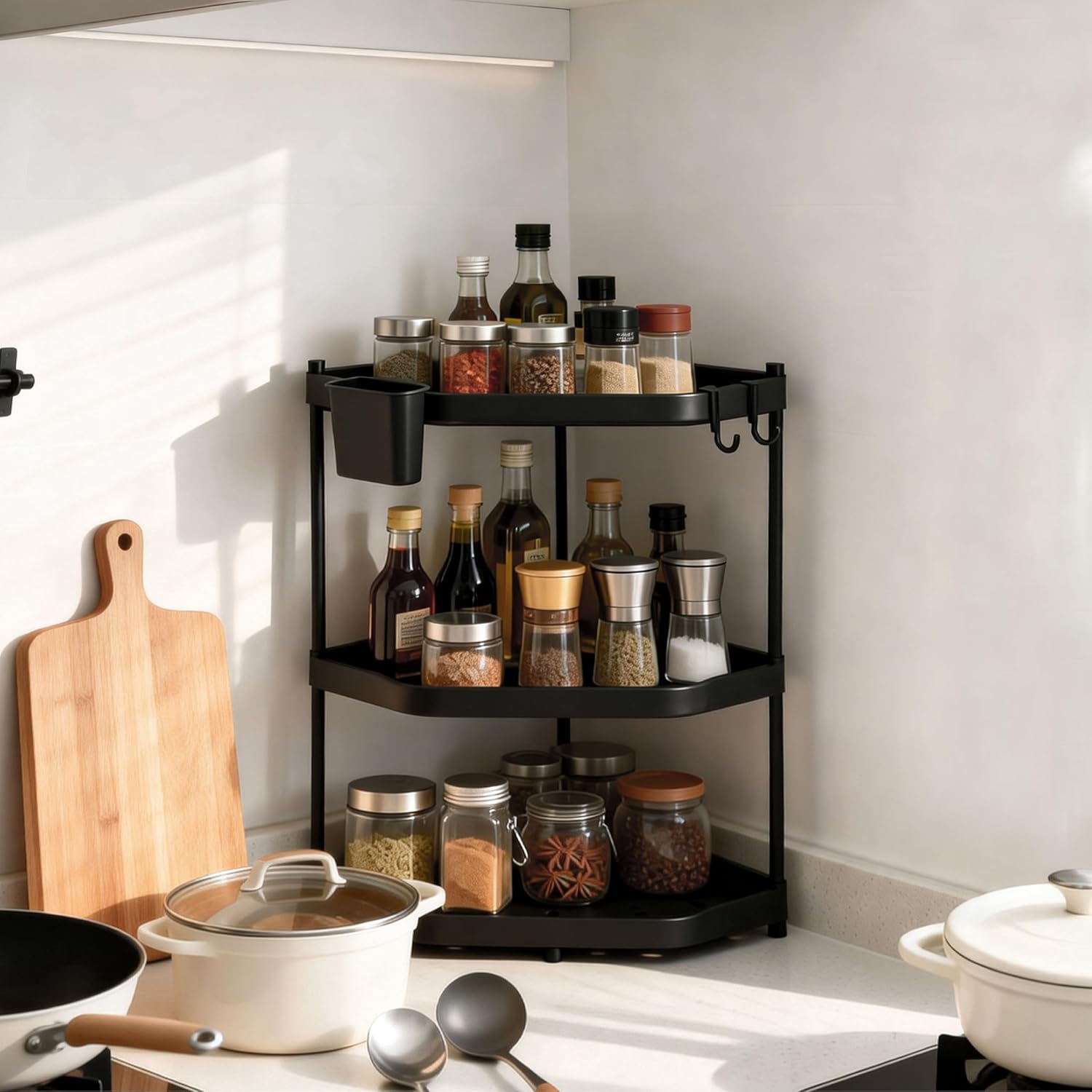 3-Tier Kitchen Counter Organizer & Corner Shelf with Hooks, Storage Box – Bathroom Countertop Shelf, Multi-Space 3-Tier Organizer for Kitchen, Bathroom