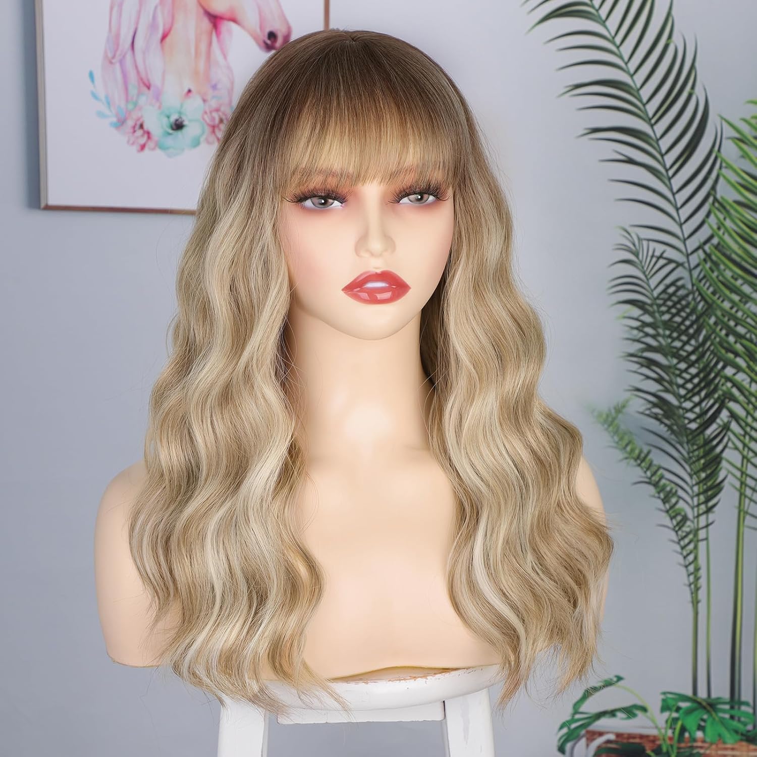 Dirty Blonde Wavy Wigs Human Hair Mixed Synthetic for Women, Long Highlighted Wig with Bangs, Natural Looking, Heat Resistant for Daily Wear