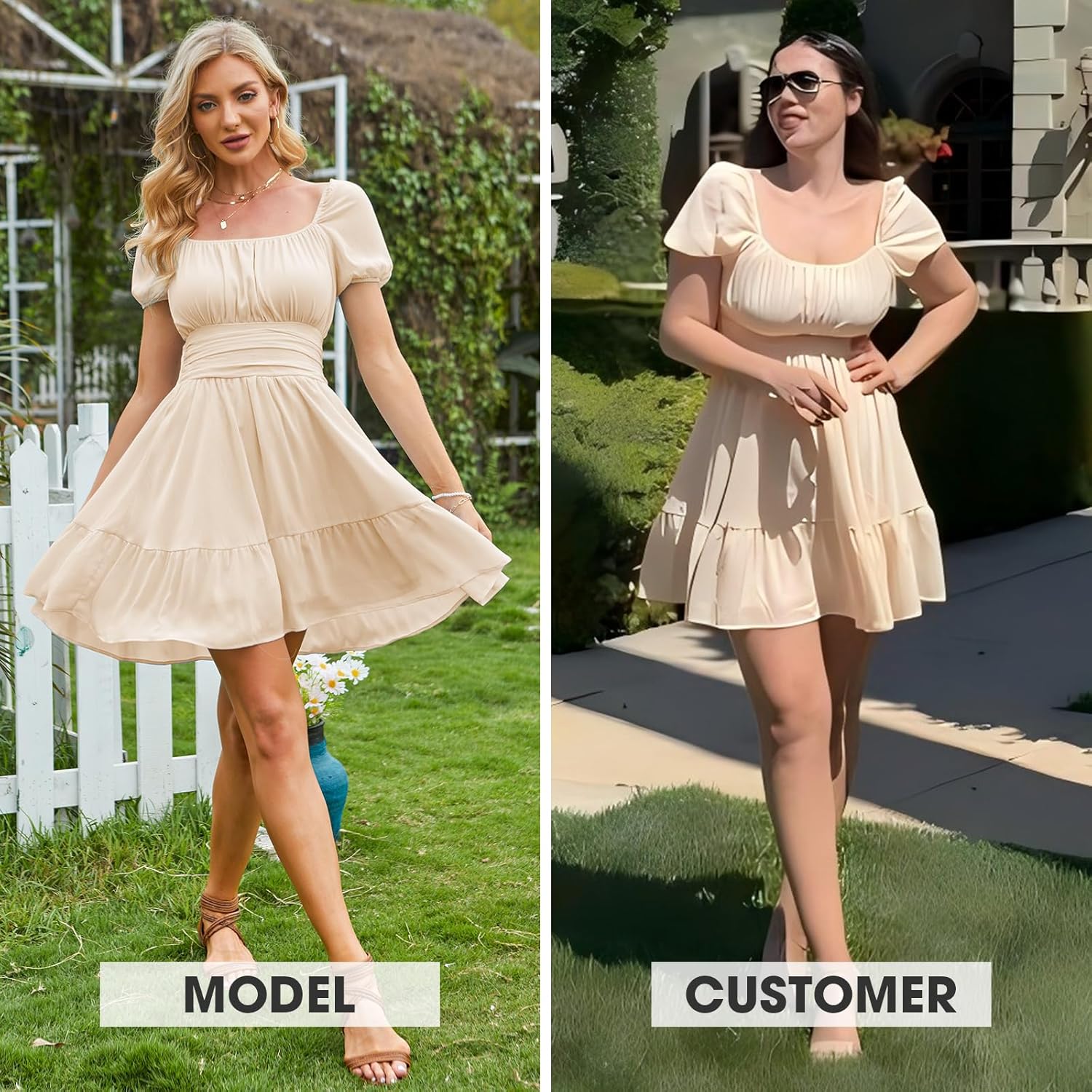 EXLURA Women's 2026 Summer Short Puff Sleeve Casual Short Mini Dresses Tie Back Square Neck A-Line Sundress - Image 4