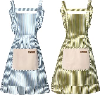 2 Pack Stripe Aprons for Women with Pockets Adjustable Bib