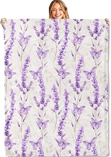 Lavender Throw Blanket - 50x60in,Ultra Soft, Cozy Lightweight Flannel,Purple Floral and Butterfly Blankets - Gifts for Women & Nature Lovers,for Couch Office Travel,Home Living Room Decor