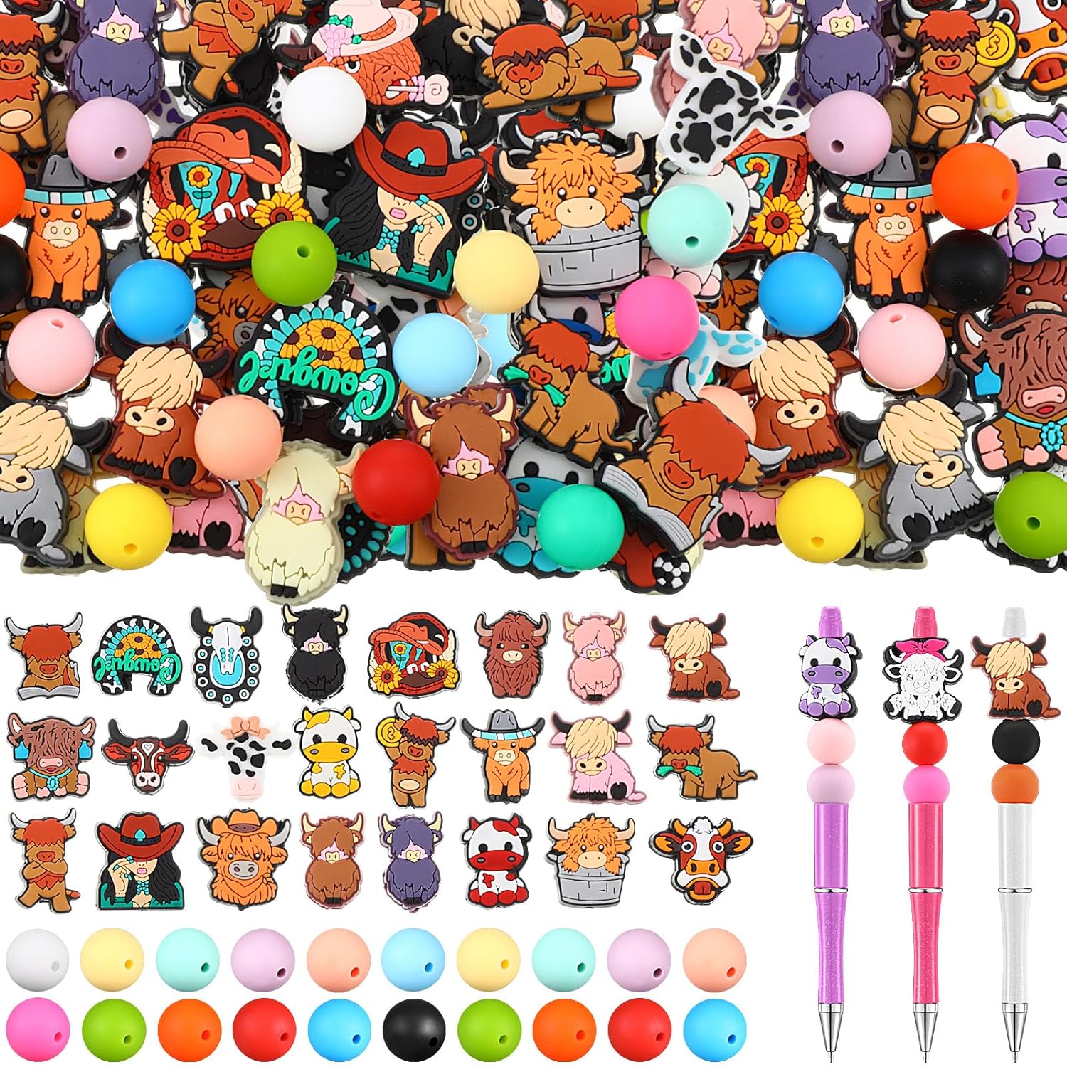 Ferreve 138 Pcs Silicone Focal Beads 48 Cartoon Charms 90 Solid Color Beads for DIY Pen Keychain Jewelry Making Soft Silicone Craft Bead with Assorted Designs for DIY Projects