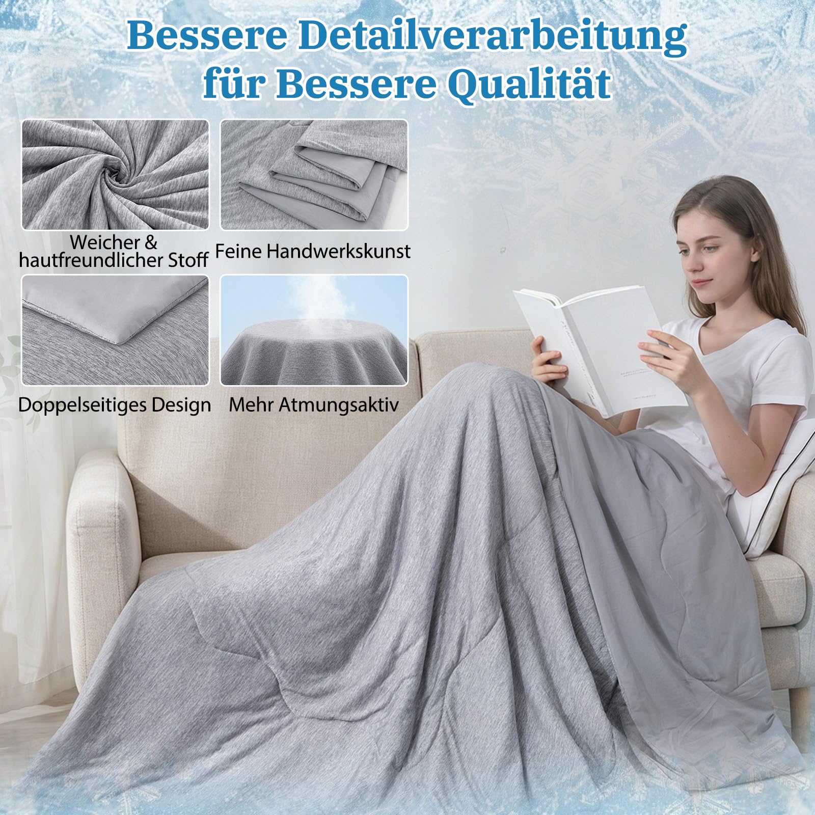 Kühldecke 200x220 cm, Arc-Chill Q-Max>0.5, Grau Doppelseitig Kühlende Bettdecke, Leichtgewicht, Atmungsaktiv, Leichte Sommerdecke zum schlafen Kühldecke für Sofa, Bett, Reisen
