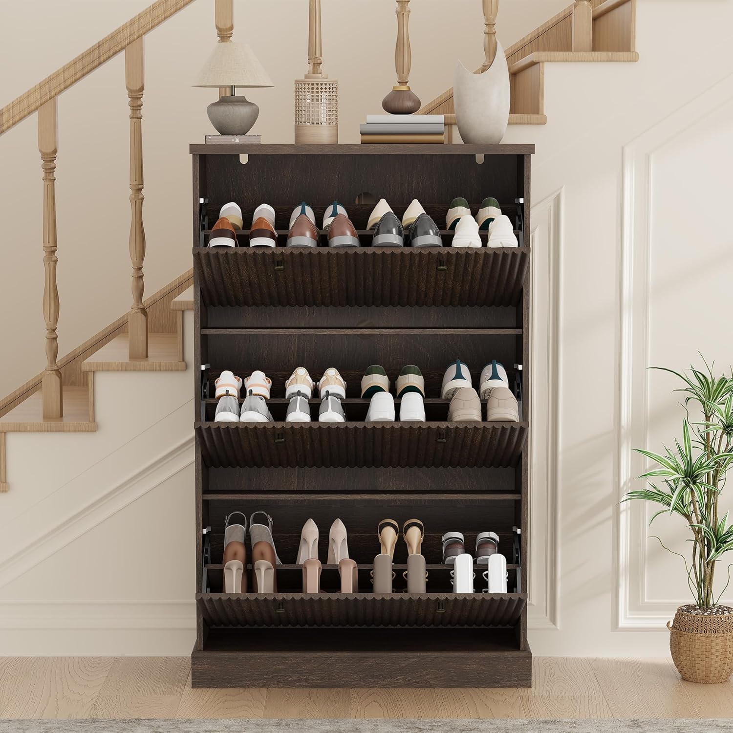 Garvee Shoe Cabinet with 3 Flip Drawers, Modern Narrow Wave Shoe Organizer with Adjustable Shelves, Wooden Freestanding Shoe Cabinet for Entryway, Living Room, Hallway, Walnut