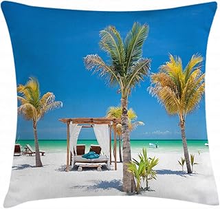 Ambesonne Tropical Throw Pillow Cushion Cover, Beach Beds Among Palm Trees Paradise Coast Holiday Summer Ocean Sunbathing Picture, Decorative Square Accent Pillow Case, 16" X 16", Blue Yellow