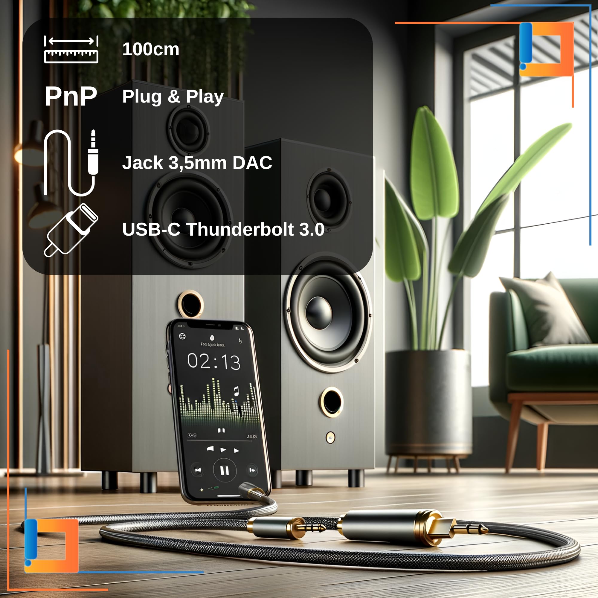 CO2 Kabel USB-C do Mini Jack 3,5 mm AUX z Przetwornikiem DAC 128 kHz HD, Najwyższa Jakość Dźwięku, Aluminium Space Grey, Adapter Kompatybilny z iPhone, MacBook, iPad Pro, Samsung (1m)