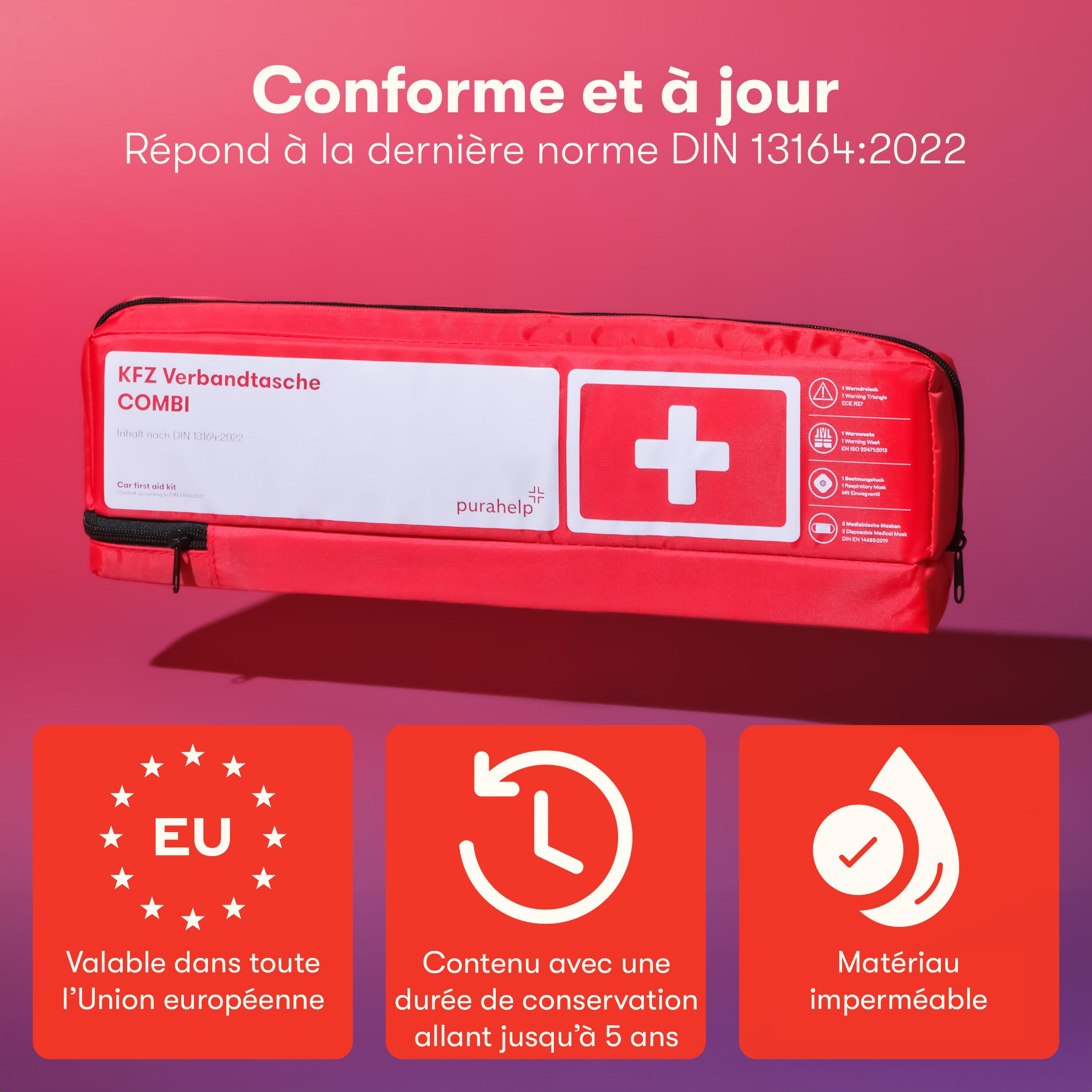 3-en-1 Kit Securite Voiture - Avec Triangle Voiture, Gilet Jaune et Trousse Premier Secours - Conforme Norme DIN 13164 - Triangle de Signalisation Voiture - Triangle et Gilet Jaune pour Voiture