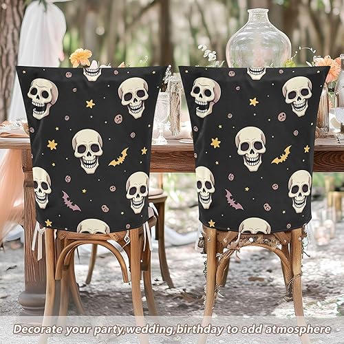 Miniatura 6 de Halloween White Skulls Yellow Stars Decorative Dorm Desk Chair Cover for Family Gatherings Washable Dining Room Chair Covers Protector para sillas