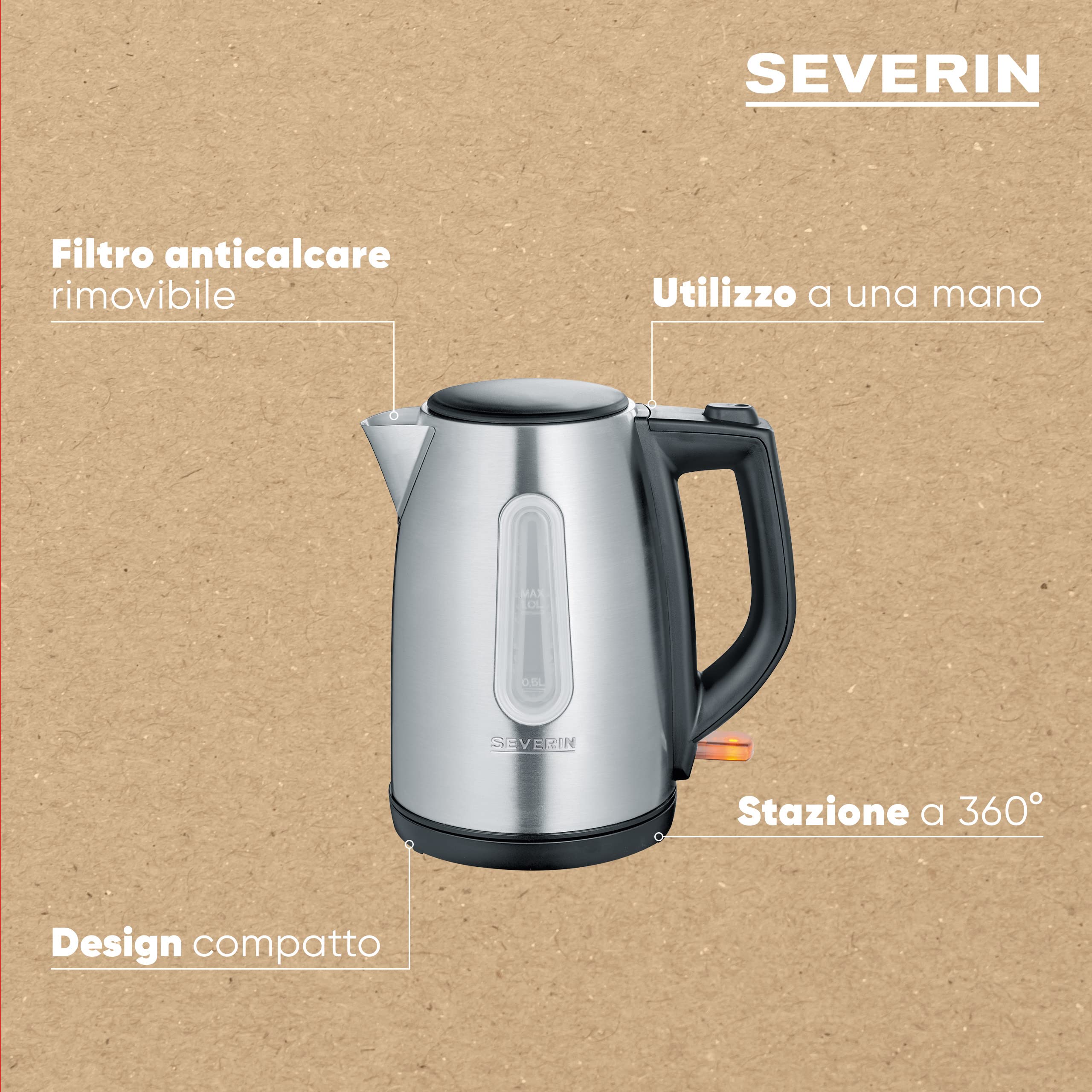 Bollitore Elettrico SEVERIN WK 9540 Acciaio Inox, 1 Litro, 2200W - Nero/Grigio, Base Con Raccolga Cavo