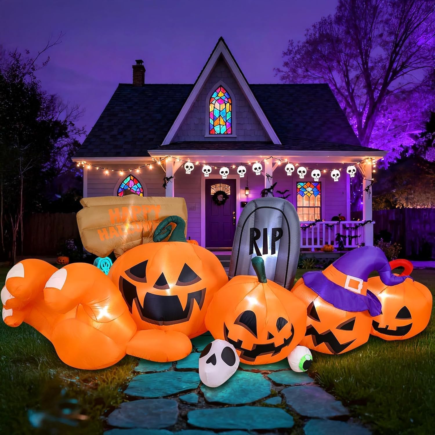 Garma 9.2 Ft Halloween Inflatables Outdoor Decorations, Long Inflatable Blow Ups Yard Decoration Pumpkin with Build-in LEDs, Gravestone and Witch Hat for Halloween Party Indoor, Lawn, Garden Decor