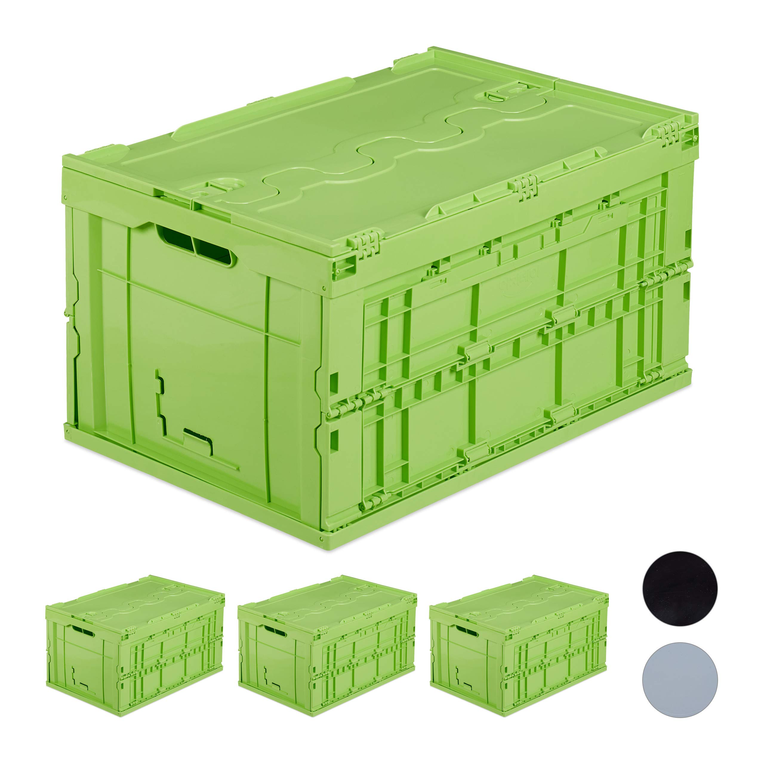 Relaxdays 4 Cajas de Almacenaje con Tapa Plegables, 60 L de Capacidad, Plástico, 32,5 x 58,5 x 39,5 cm, Verde