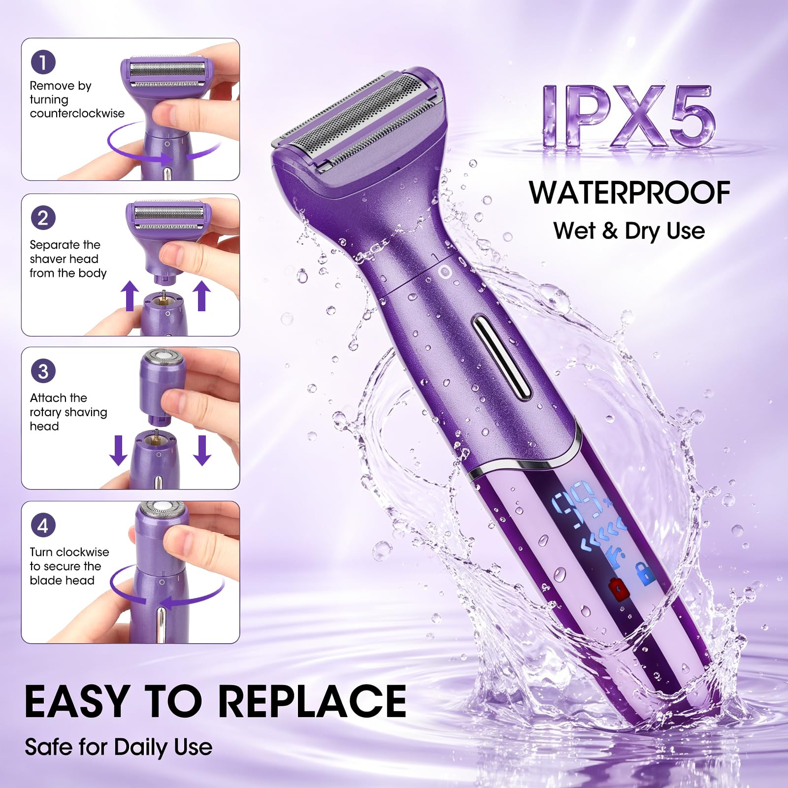Qreeyx Maquinilla de afeitar eléctrica 6 en 1 para mujer, afeitadora corporal inalámbrica recargable por USB, removedor de vello húmedo y seco, indoloro para cara, axilas, bikini y áreas privadas