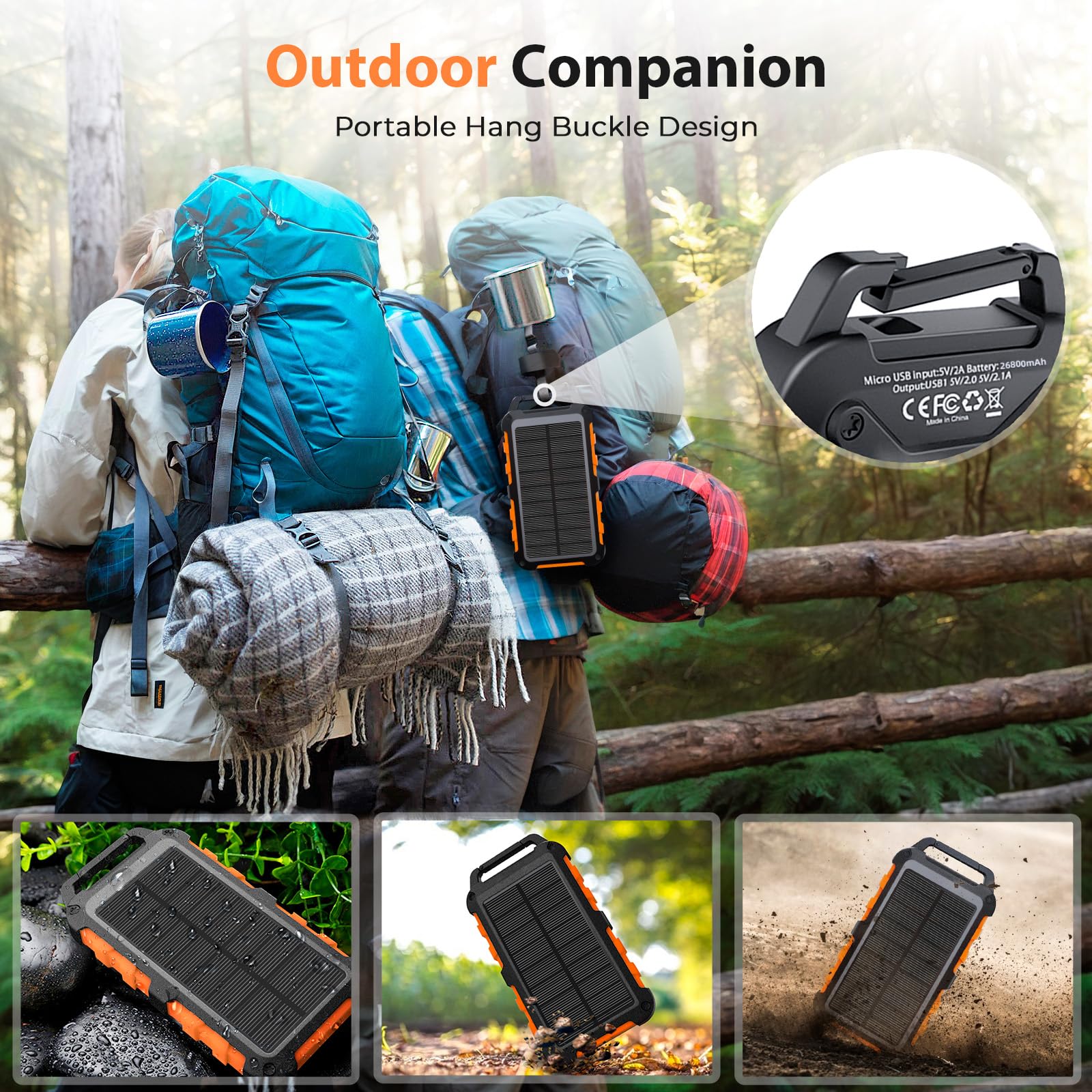Solar Power Bank 26800mAh, PD22.5W USB C Caricabatterie solare portatile a ricarica rapida con 3 uscite, 2 ingressi e luce a LED, per telefoni esterni, tablet e altro