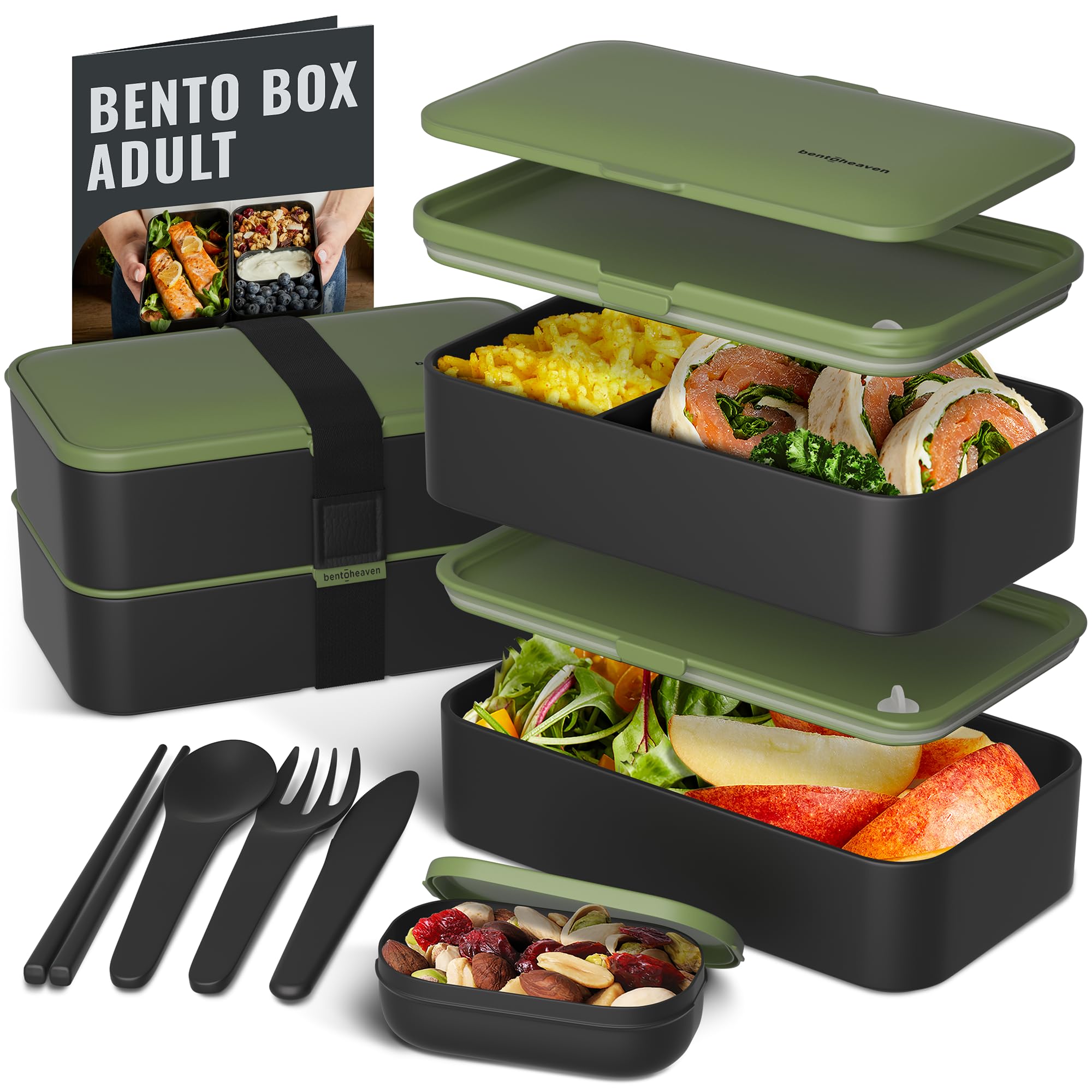 Bentoheaven Premium Bento Box Adult Lunch Box with Compartments for Women & Men, Set of Utensil & Chopsticks & Dip Container, Cute Japanese Kids Bento