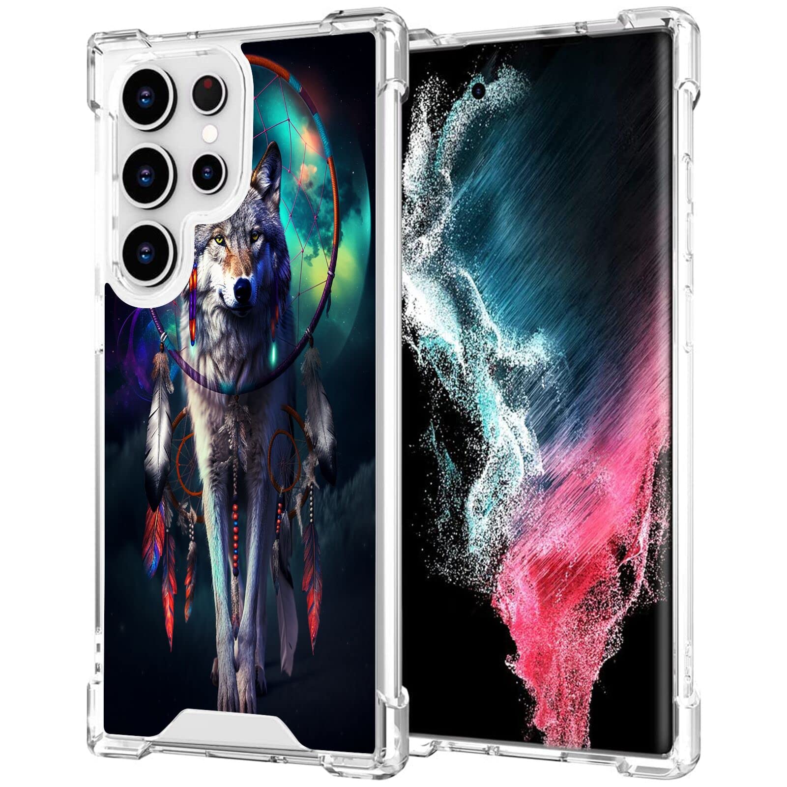 DeweiDirect Clear Case for Samsung Galaxy S23 Ultra with Wolf Art Print JX081 Pattern Slim Transparent TPU Four Corners Reinforced Protection Shockproof Scratch-Resistant