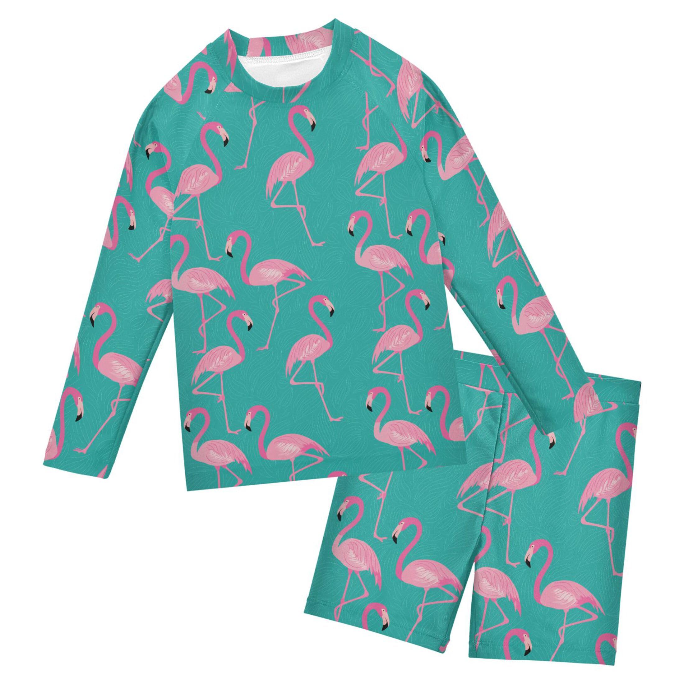 Pink Flamingo Boys Rash Guard Swimsuits Set for Boys Long Sleeve Swim Shirts Bathing Suits with Trunks B0404324