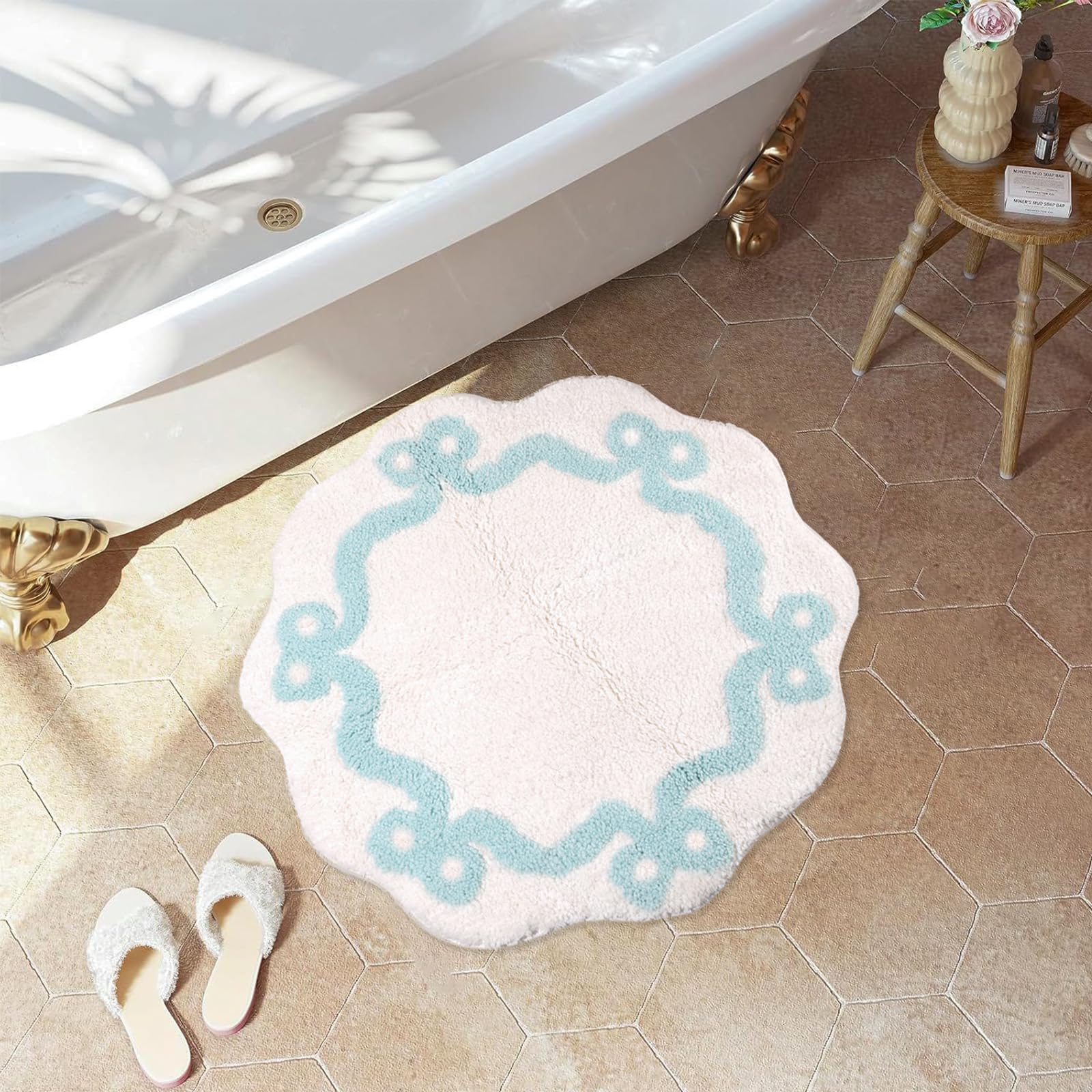 Blue Bow Bathroom Round Mat Non Slip Coquette Bow Rug Cute Scallop Carpet Room Decor Microfiber Absorbent Bath Rug for Bathroom Bathtub Shower Bedroom