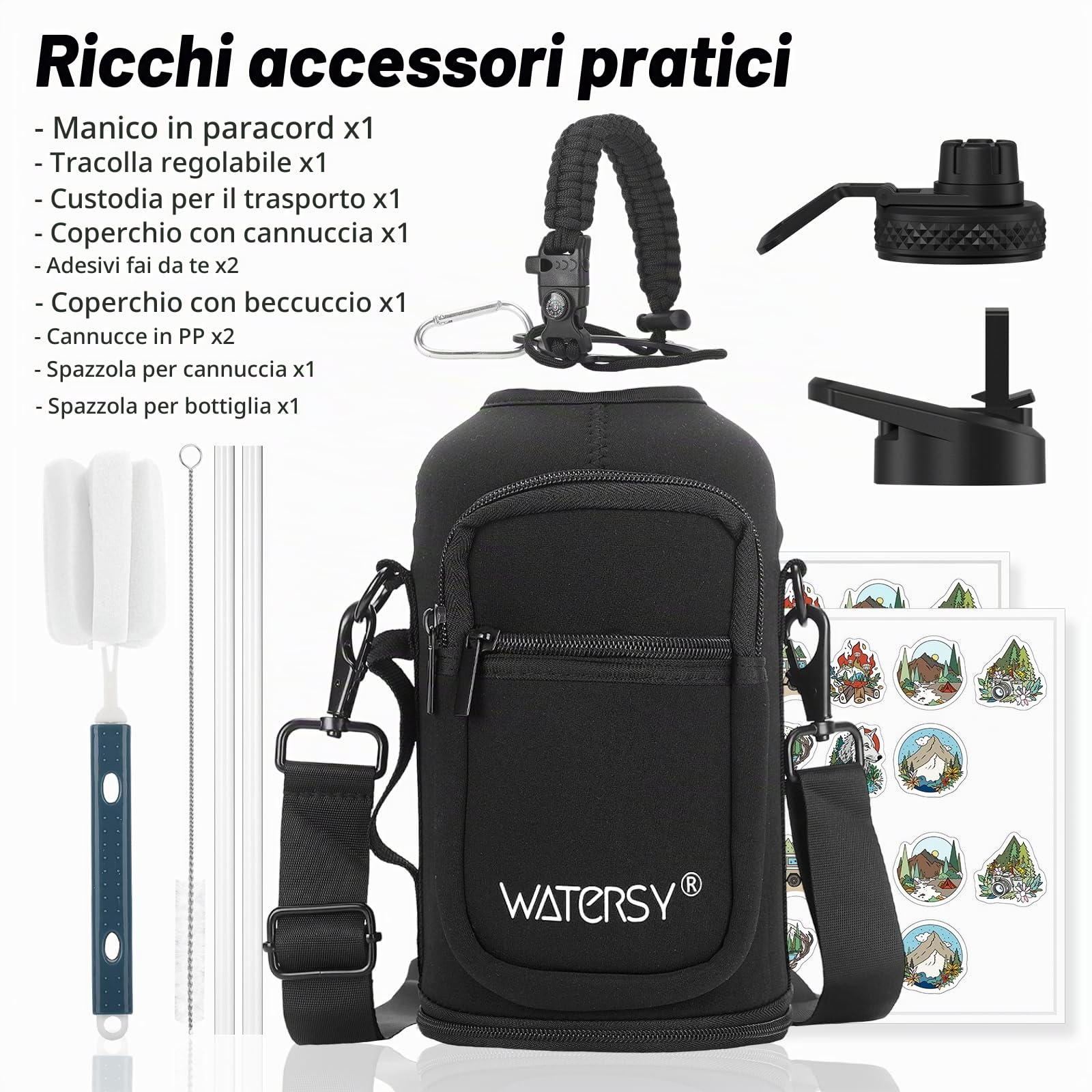 WATERSY Borraccia Termica 2L Acciaio Inox, Grande Bottiglia Termica Impermeabile con 2 Coperchi e Cannucce - Senza BPA per Palestra, Escursionismo, Campeggio e Sport (Rosso/Blu)