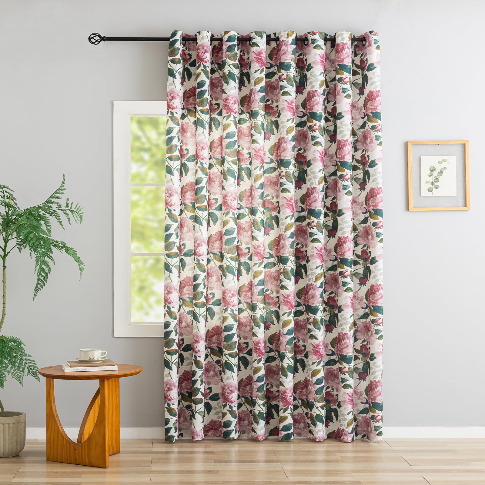 ALIGOGO Floral Linen Patio Curtain for Sliding Door, Extra Wide Curtain 100 Inch for Glass Doors, Elegant Semi-Sheer Light Filtering Farmhouse Grommet Room Divider Drape 1 Panel, W100 x L96 Inch, Pink