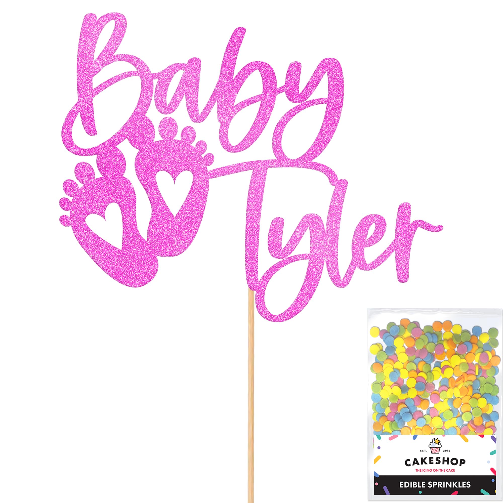 Cakeshop Personalised Baby Glitter Cake Topper With Sprinkles - Light Pink Custom Colour - Any Name - Double-Sided Glitter Card Cake Decoration - Custom Toppers for Cakes