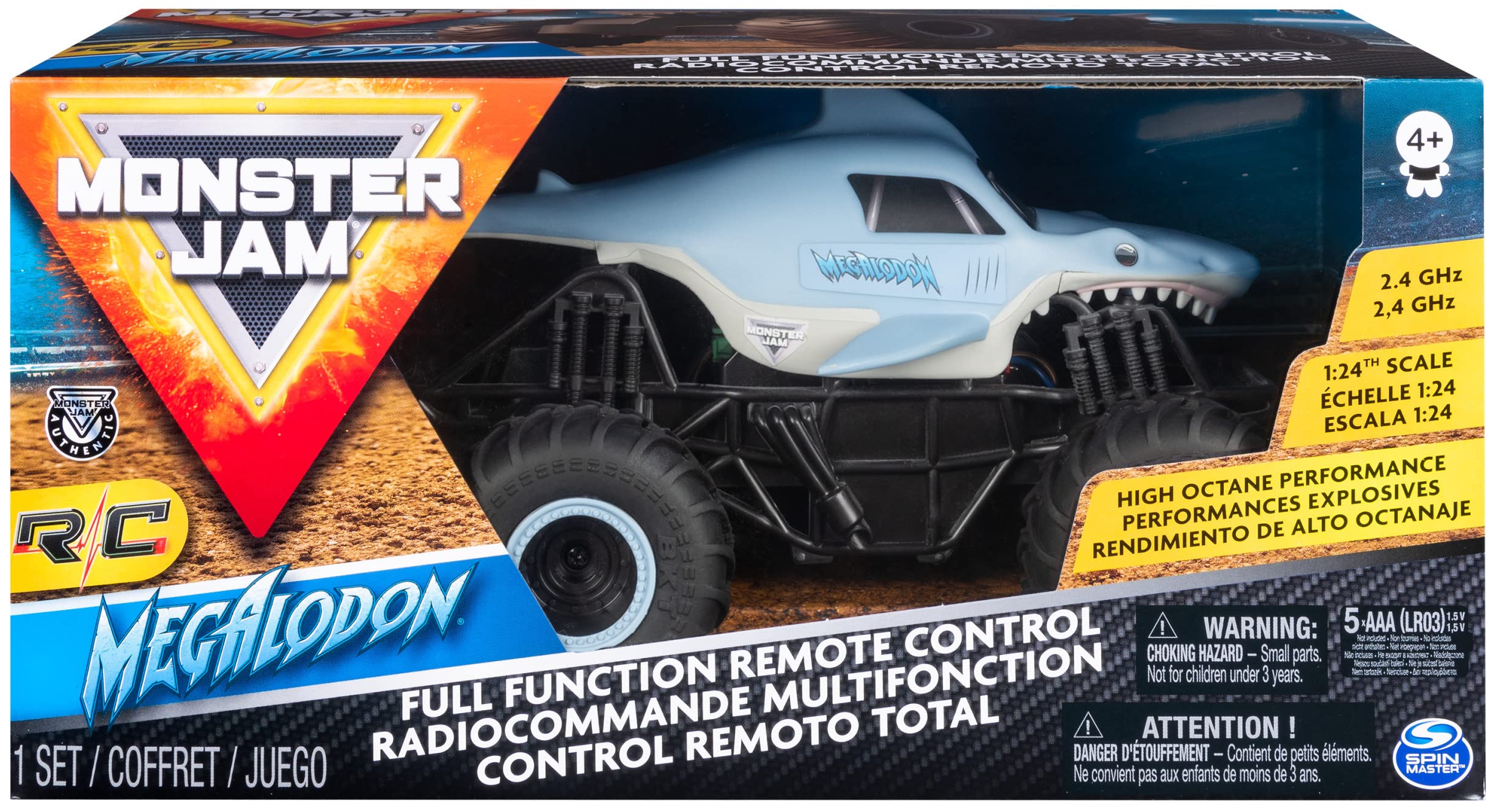 Monster Jam, Megalodon RC, Ferngesteuerter Truck im Megalodon Hai-Design, für drinnen und draußen, Maßstab 1:24, ab 3 Jahren