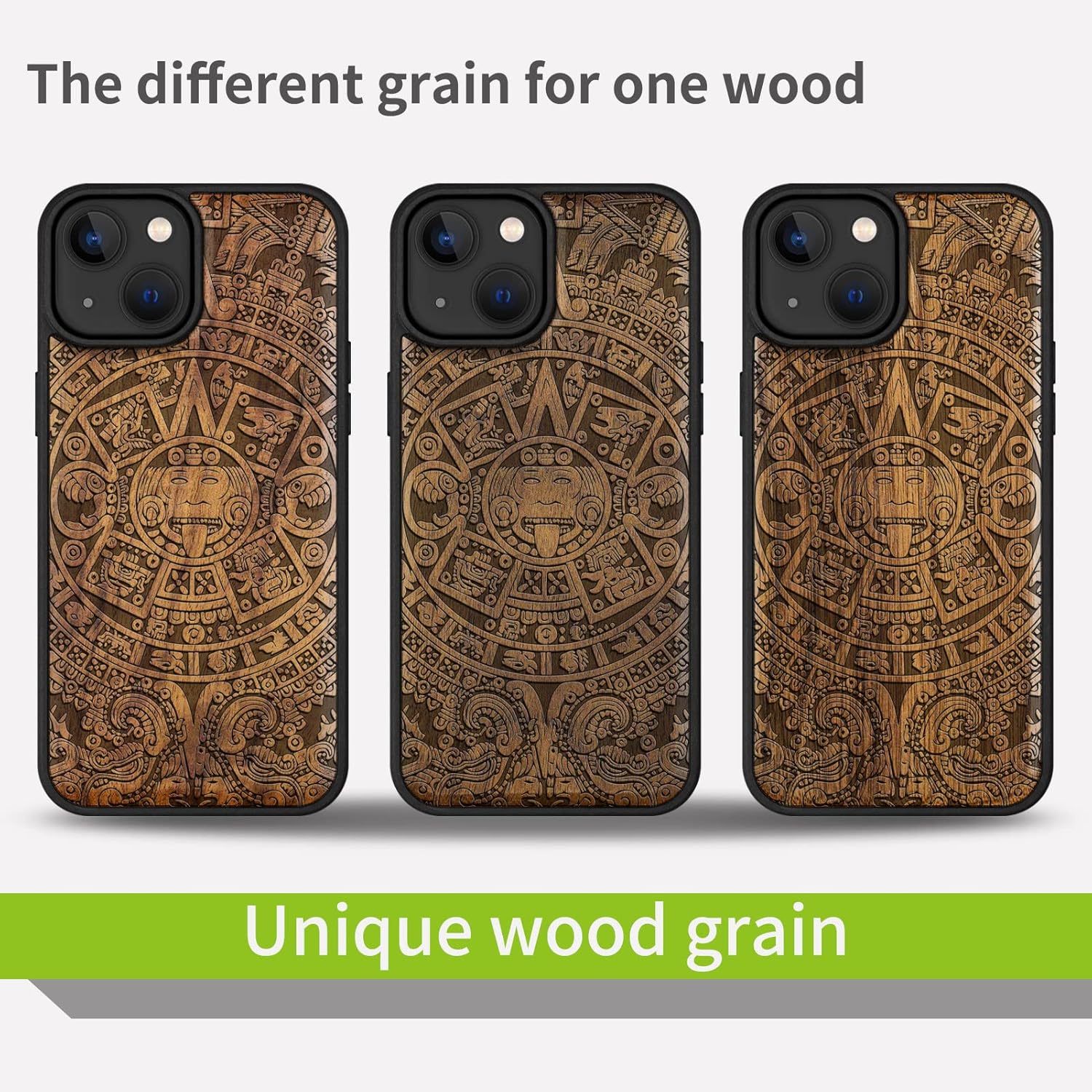 Carveit Magnetic Wood Case for iPhone 14 Case [Natural Wood & Black Soft TPU] Unique & Classy Wooden Shockproof Protective Cover Compatible with magsafe (Mayan Symbols Calendar -Walnut)
