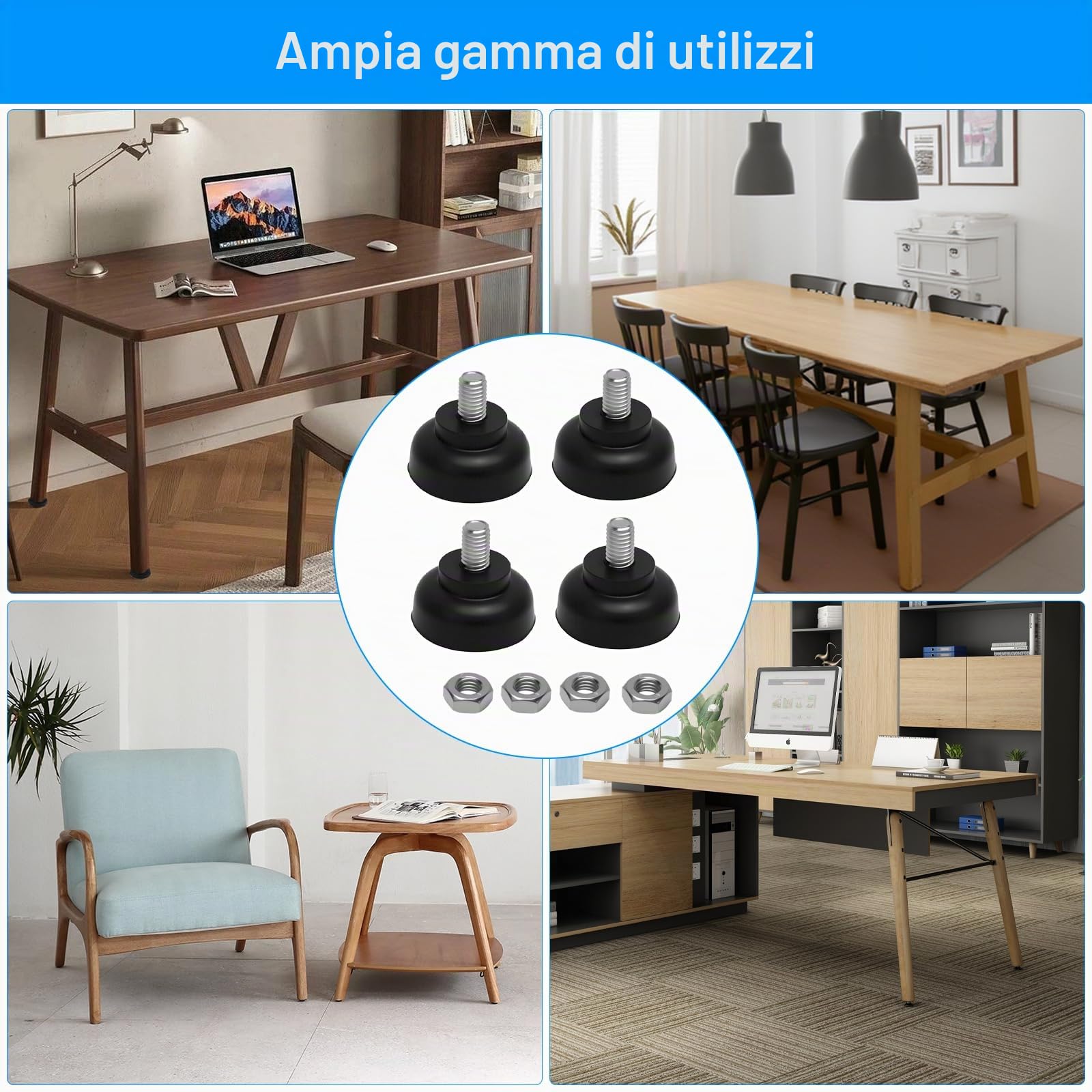 APOMOONS 4 Piedini Per Mobili Regolabili M8 X 35 mm, Ammortizzante Tamponi | Piedini Antivibrazione, Antiscivolo Gomma, con Dado Esagonale M8, per Apparecchi, Mobili e Piccoli Elettrodomestici