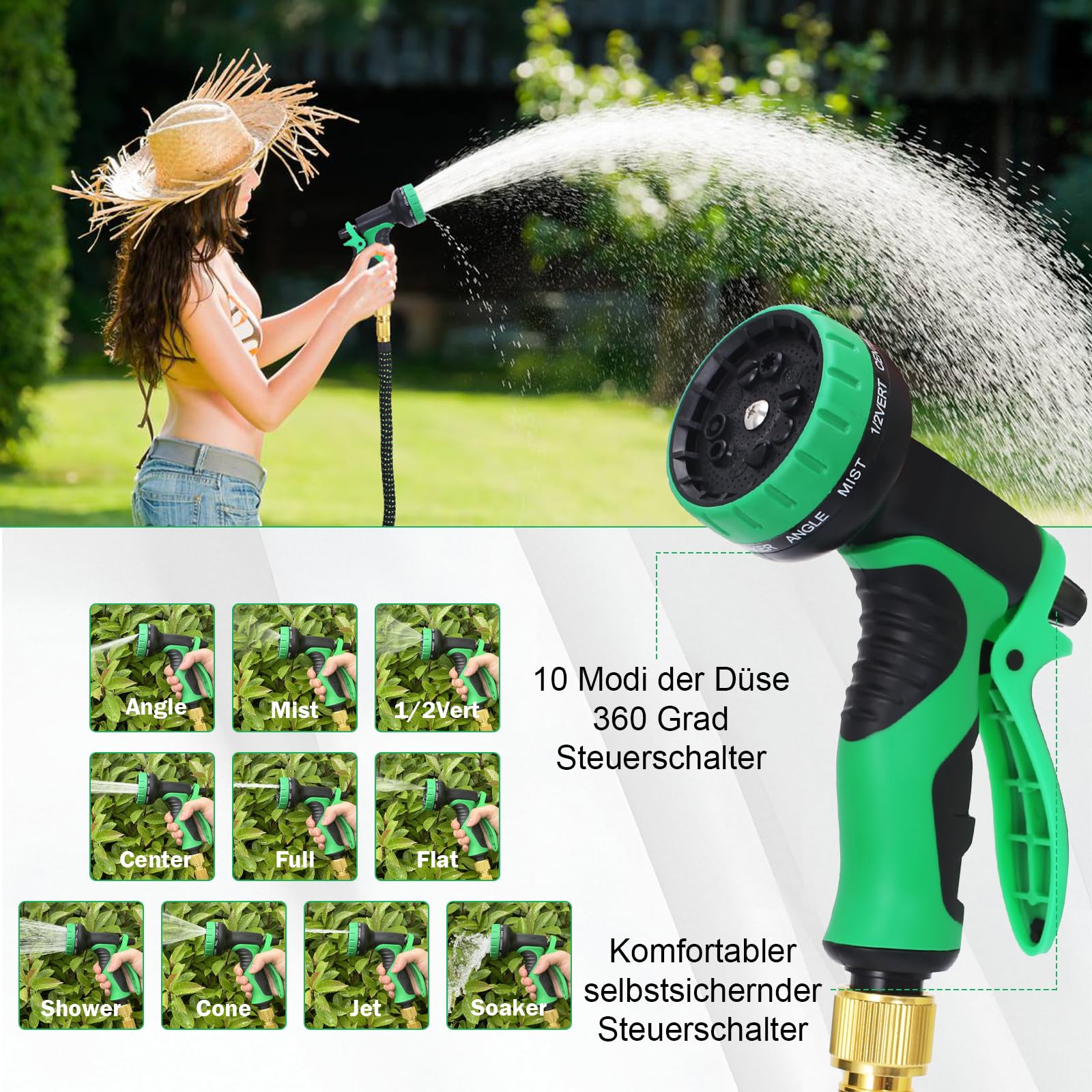 Flexibler Gartenschlauch 15m/50FT,knickfrei,Garden Hose Schlauch mit 10-Funktions-Spray,Strapazierfähiger 3 lagiger Latex Wasserschlauch 3/4 Zoll und 1/2 Zoll