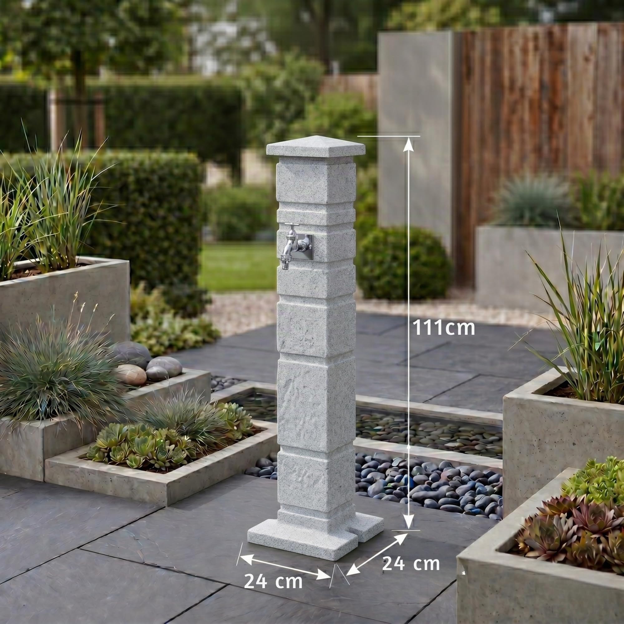 YourCasa Classic Wassersäule Garten Granit-Optik | Römische Wasserzapfsäule mit 3/4 Wasserhahn & Aufbewahrungsbox | 111 cm Standbrunnen Zapfstelle | Witterungsbeständig (Sandstein)