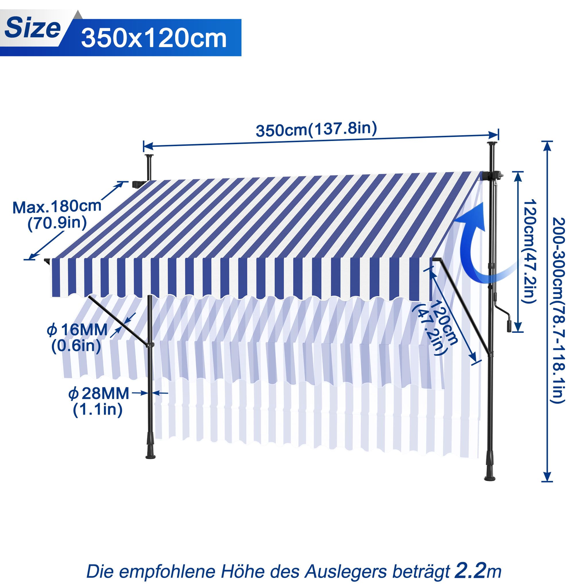 UISEBRT 250x120cm Store De Balcon Avec Manivelle Réglable Sans Perçage