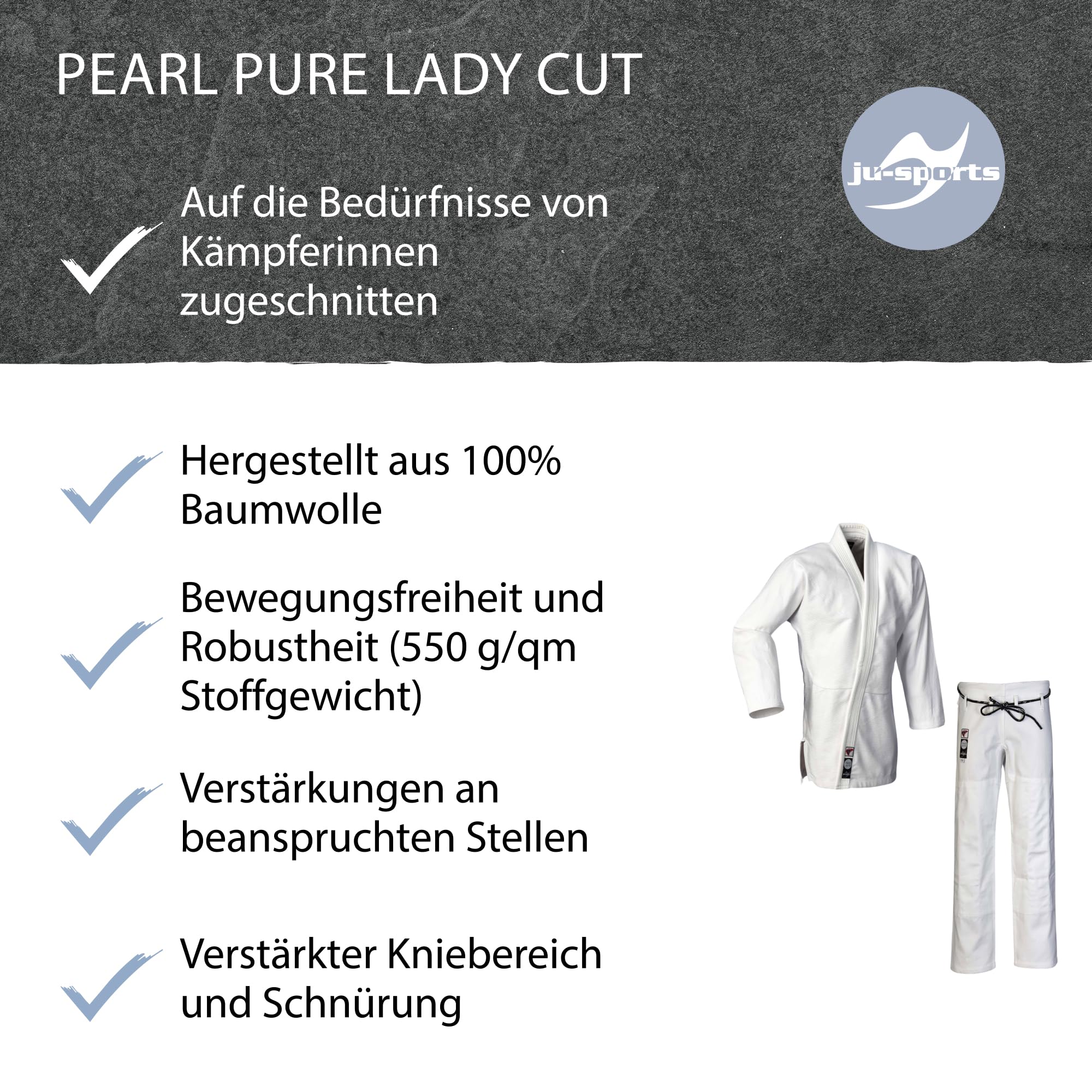 Ju-Sports BJJ Gi Pearl Pure Lady Cut weiß - Schmal geschnittener Brazilian Jujutsu Anzug speziell für Damen, 100% Baumwolle, Stoffgewicht 550 g/qm in Pearl-Webung
