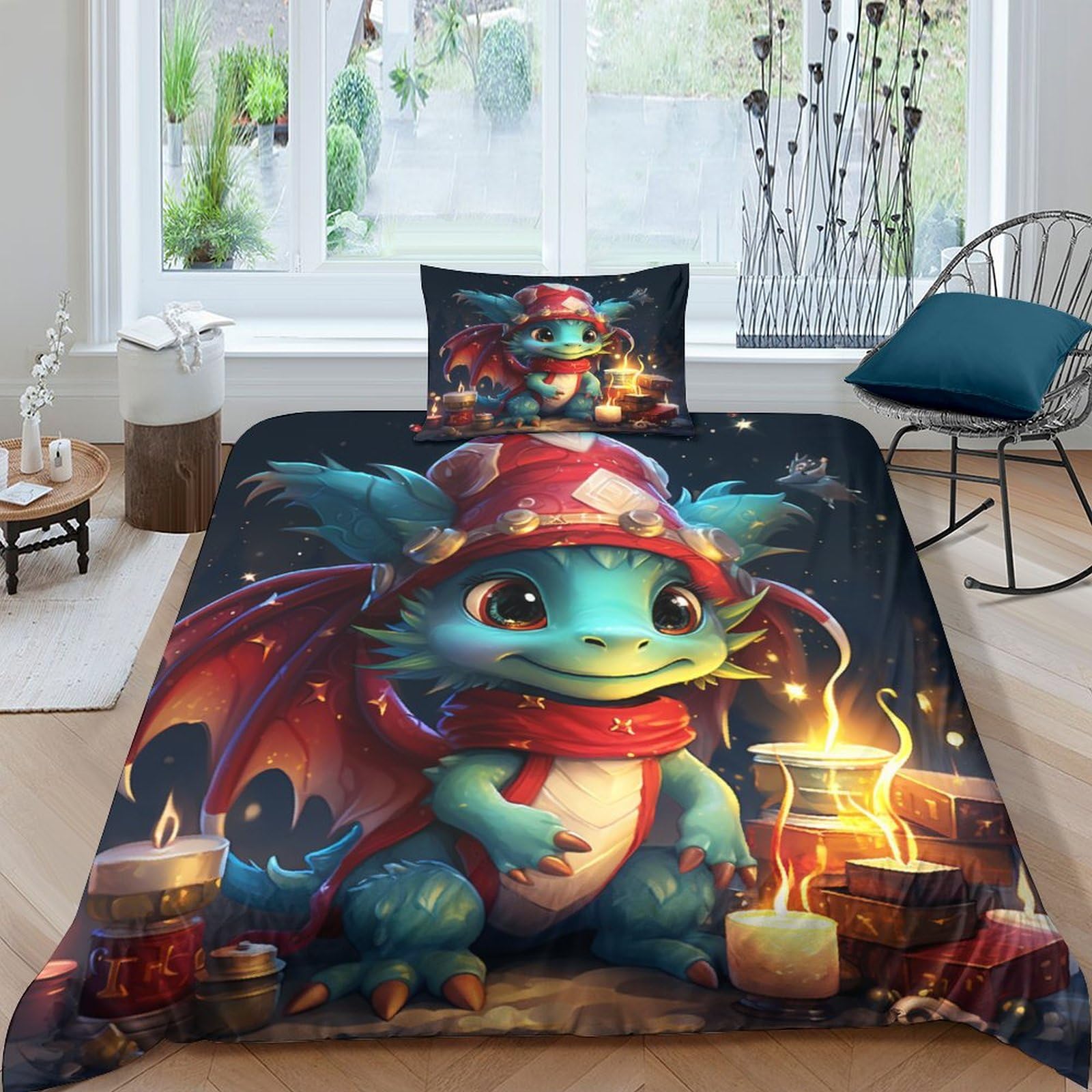 Housse de couette dinosaure 3D en microfibre 135x200 cm avec taie d'oreiller pour lit simple