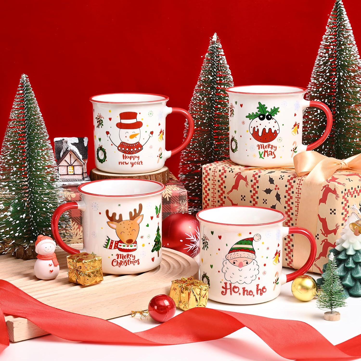 YHRJWN Christmas Mugs Set of 4, Festive Design Coffee Mugs with Santa Snowman Reindeer, Holiday Mugs for Hot Cocoa, Gifts for Family Friends, Holiday Decor, 13 Oz - Image 2