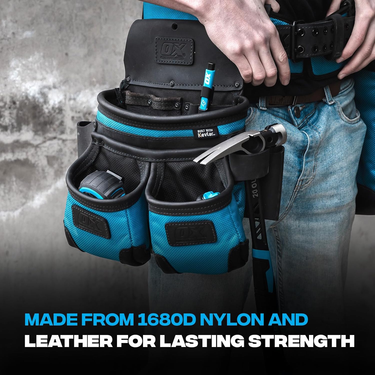 OX Tools Kevlar Reinforced Leather & Nylon Tool Belt Rig,Memory Foam Padding,Adjustable Belt,Construction,Carpentry & Electrical,Durable & Comfortable for Pros