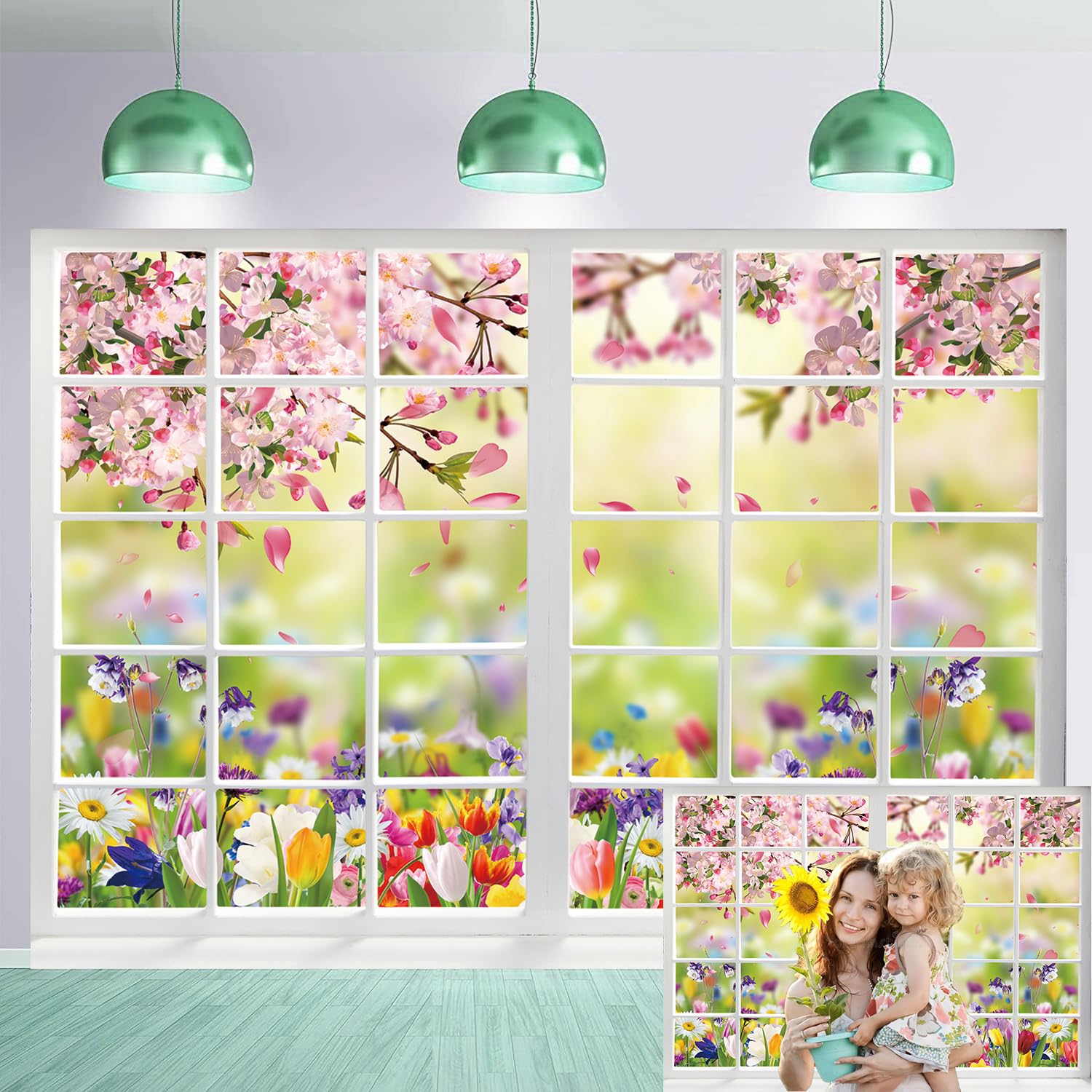 Photo 1 of Spring Backdrop for Photography 8x6FT Spring Window Nature Pink Flowers Background Easter Party Decorations Baby Shower Kids Portrait Photo Booth Props (96x72 inch)