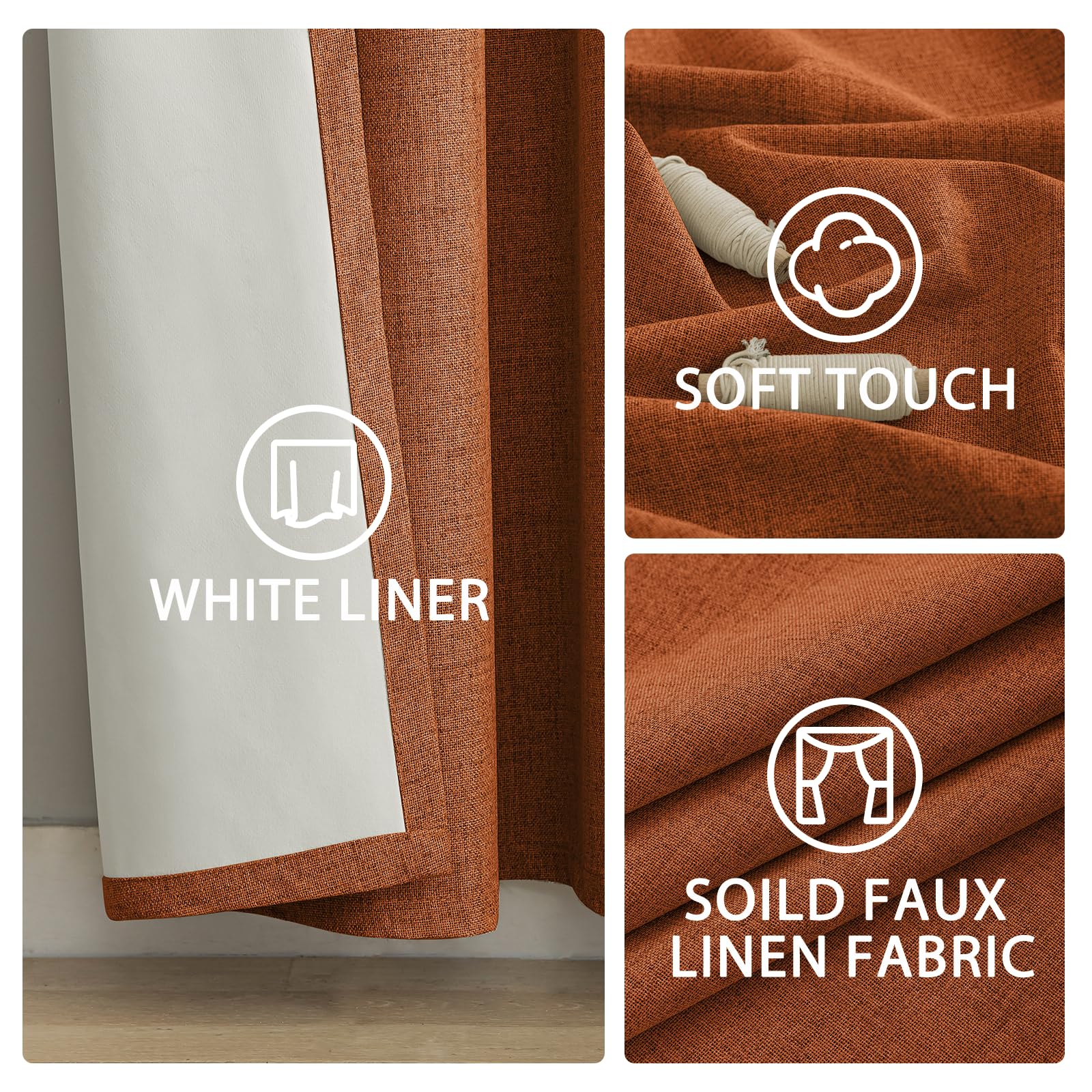 Yakamok Burnt Orange lniane zasłony 100% zaciemniające, 244 cm długości, zasłony zaciemniające do salonu, termiczne przelotki do sypialni, 2 panele z białą wyściółką