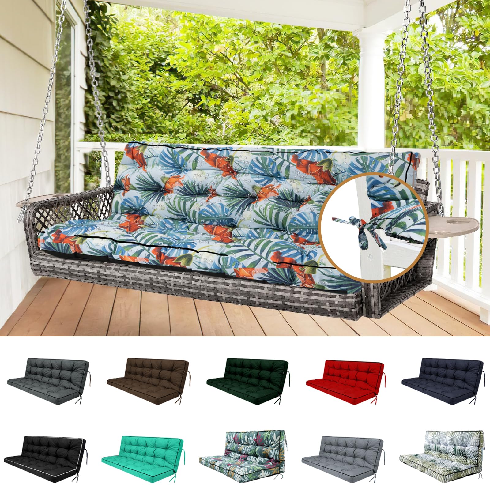 YQNUCO Outdoor Swing Cushions, Waterproof Porch Swing Cushions 3 Seater Replacement with Backrest, 4" Thicken Bench Cushion with Ties for Backyard,