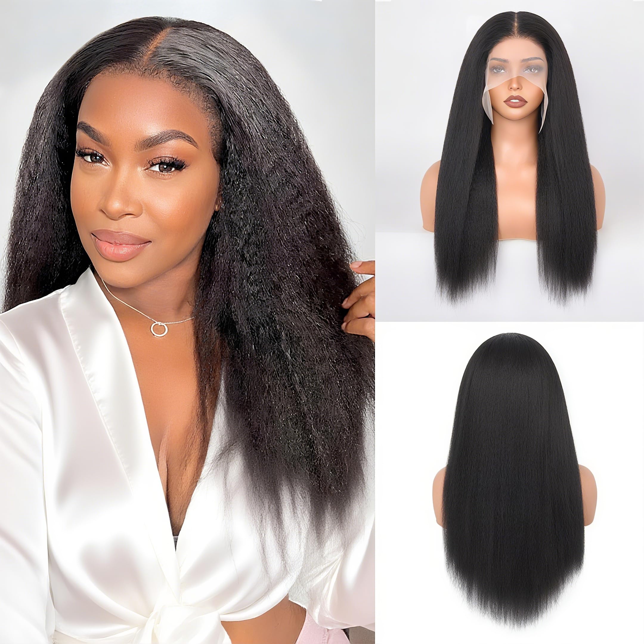 Kinky Straight Lace Front Wigs for Black Women 13x6 Synthetic Lace Front Wig Soft & Natural as Human Hair Long Yaki Synthetic Wig Natural Black 22 Inch