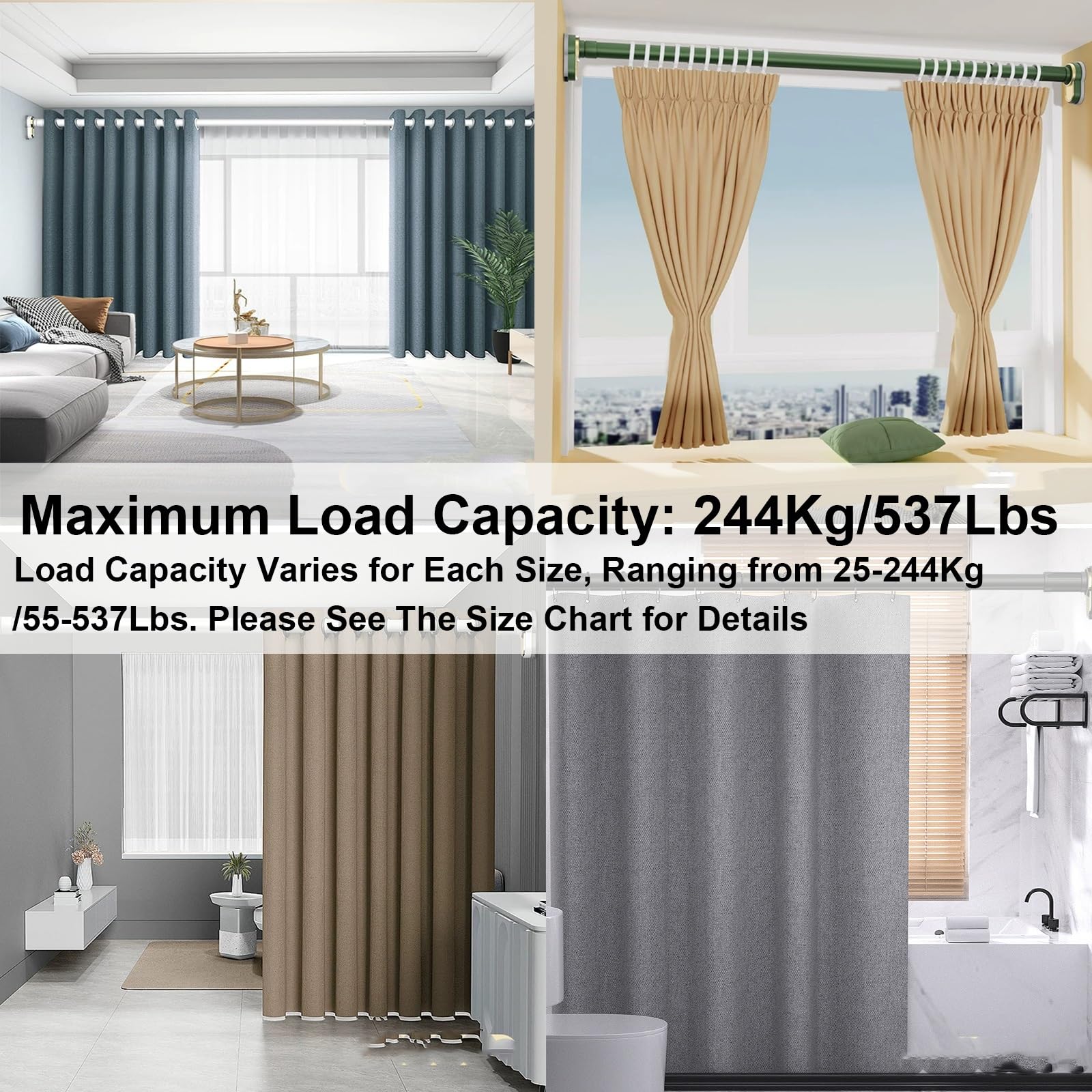 Tringle Rideau de Douche Multifonctionnelle, Barre Rideau de Tension Antidérapante, Sans Perçage, Acier Inoxydable pour Salle Bain Fenêtre(White,370-490cm/145-192in)